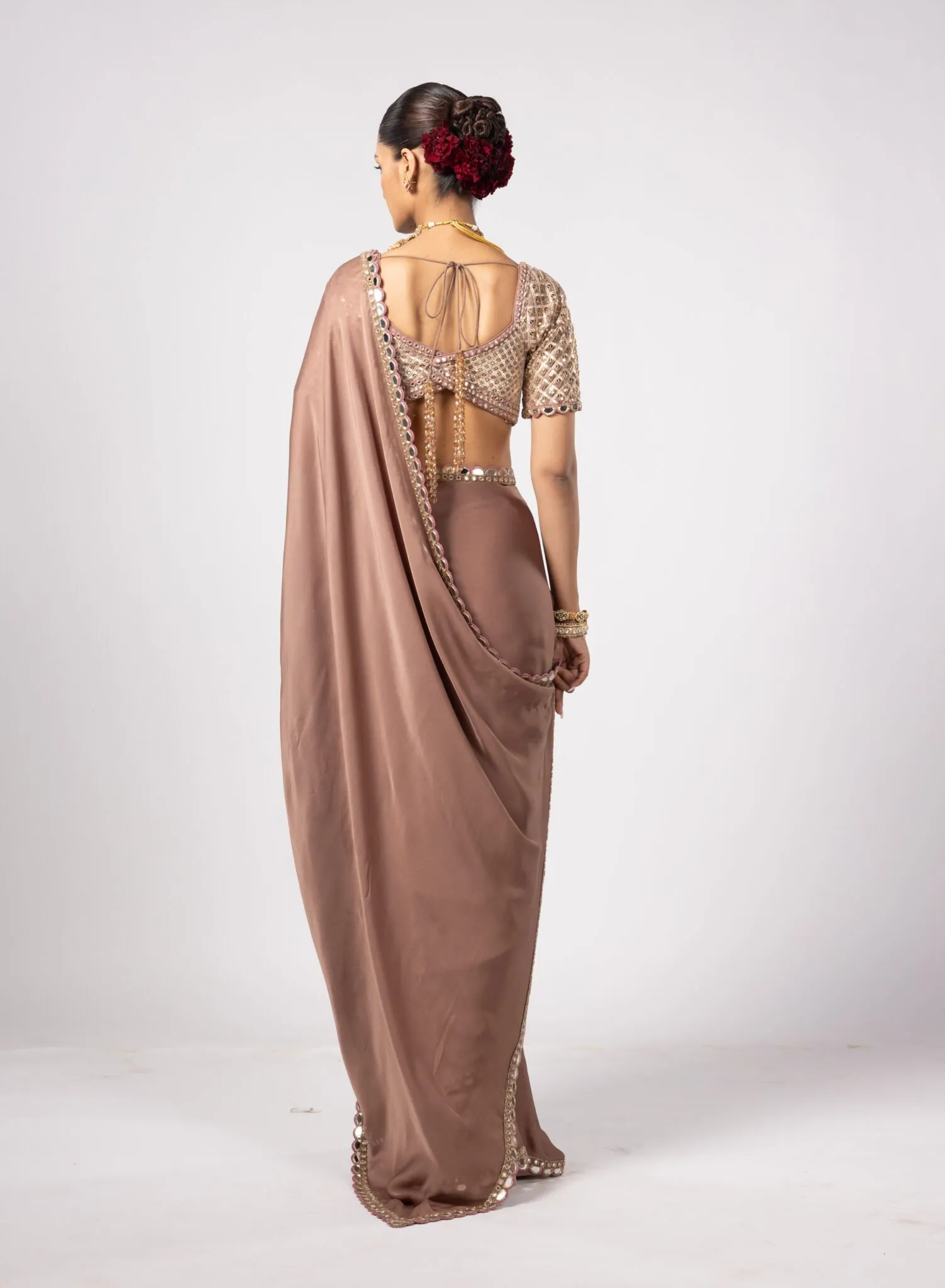Mocha Brown Sari with Embellished Mirror Border & Sequin Blouse