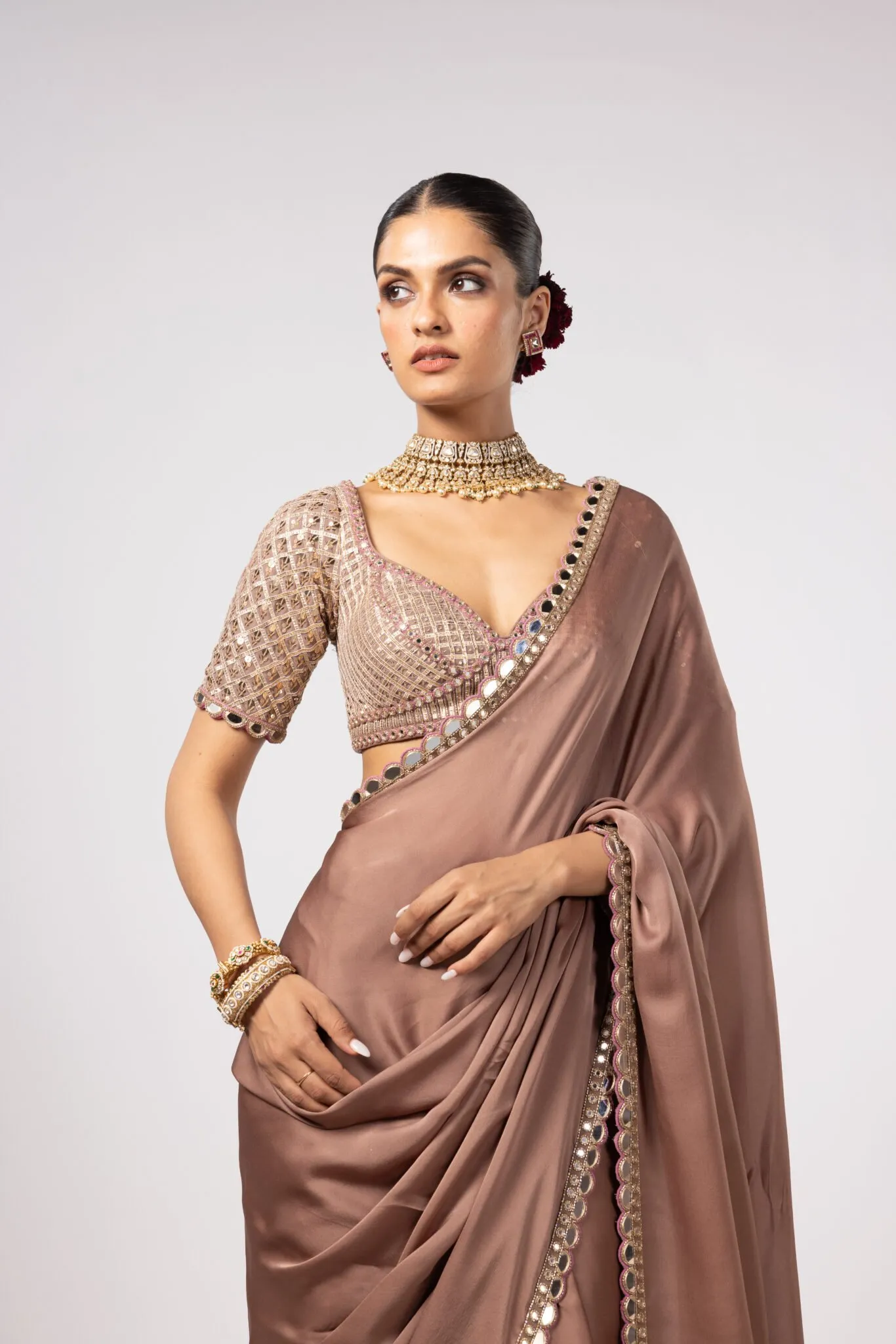 Mocha Brown Sari with Embellished Mirror Border & Sequin Blouse
