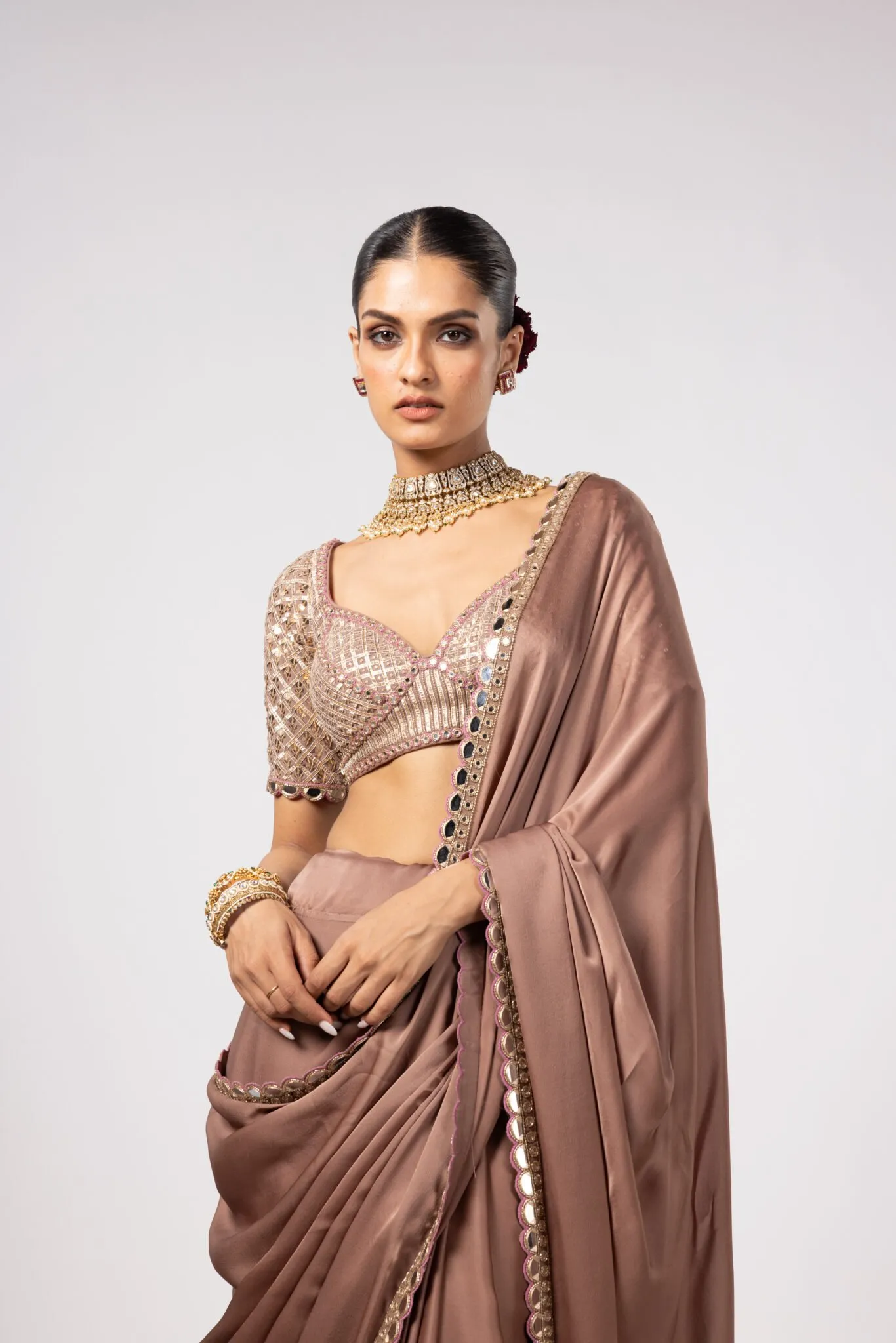 Mocha Brown Sari with Embellished Mirror Border & Sequin Blouse