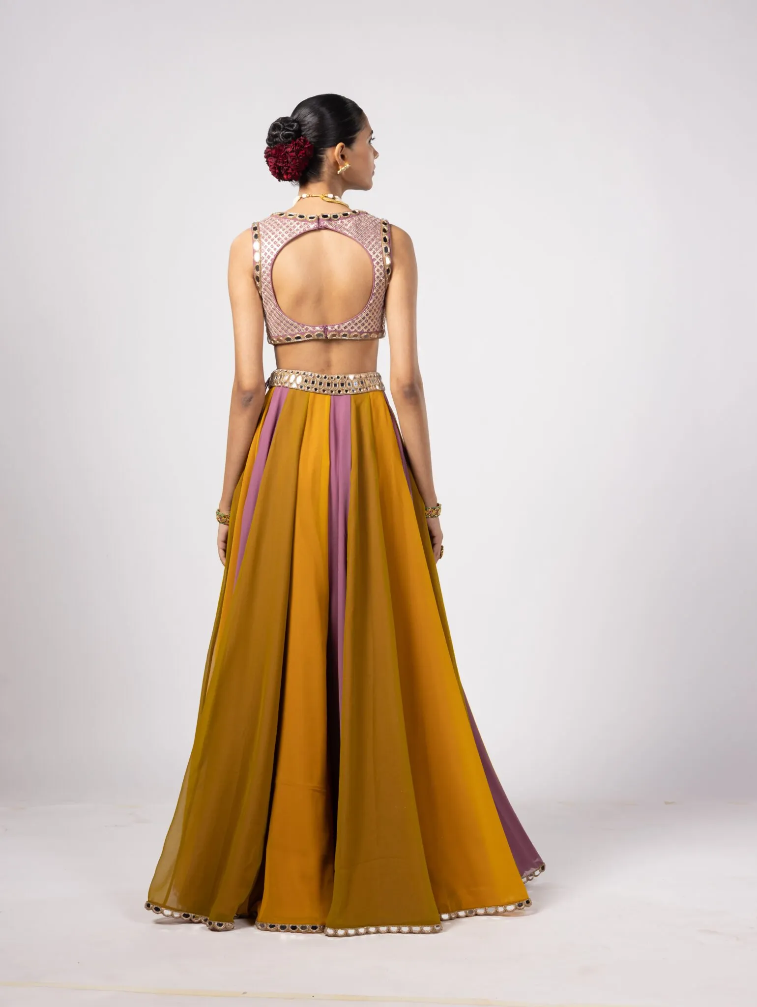 Vibrant Mustard and Mauve Lehenga with Embellished Mirror Work Blouse