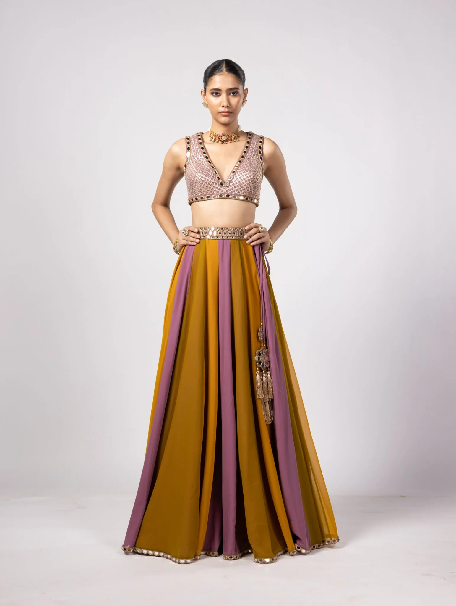 Vibrant Mustard and Mauve Lehenga with Embellished Mirror Work Blouse