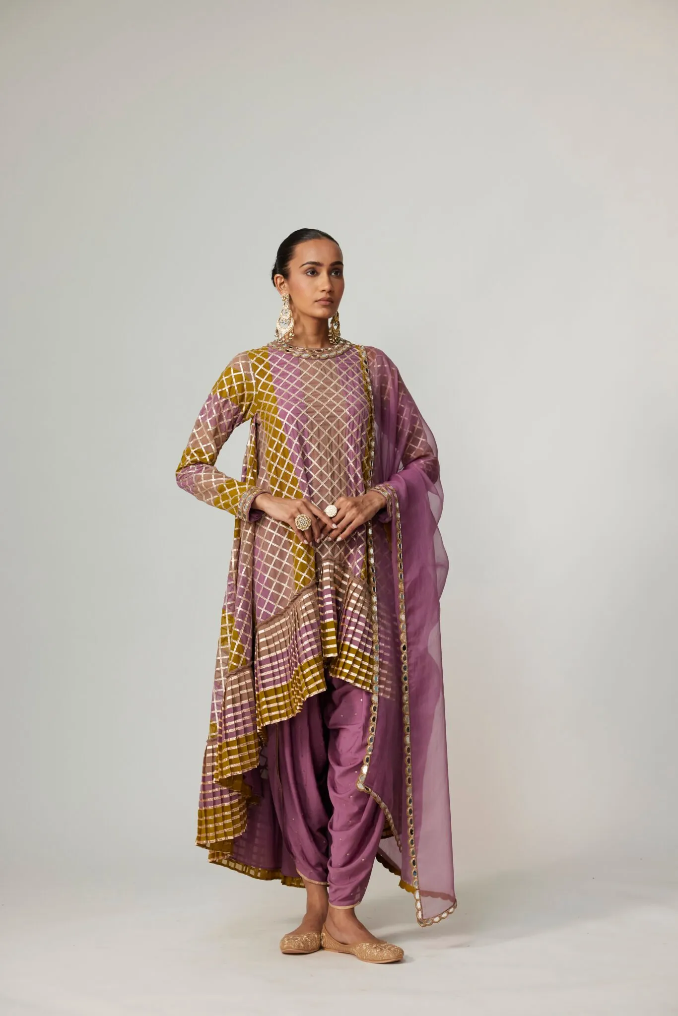Elegant Mustard and Mauve Asymmetrical Kurta Set with Dhoti Pants and Dupatta