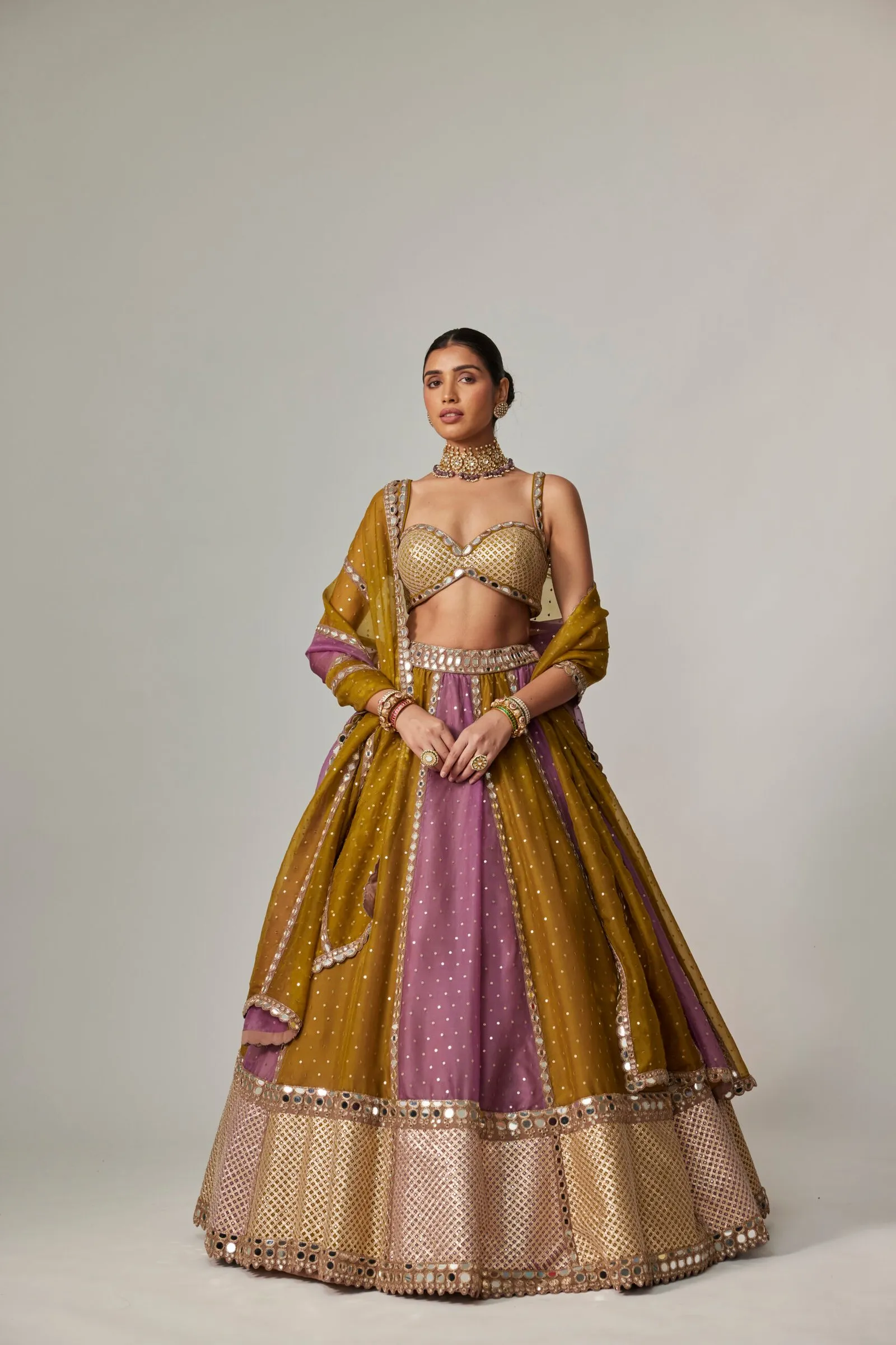 Regal Mustard and Mauve Mirror Work Lehenga with Embellished Blouse and Dupatta