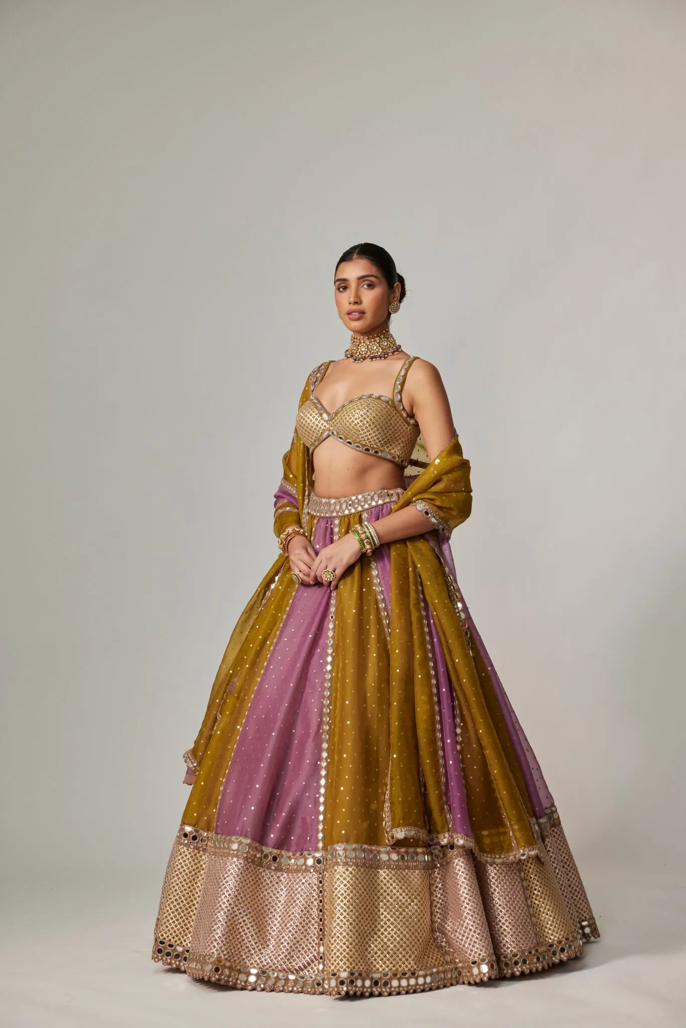 Regal Mustard and Mauve Mirror Work Lehenga with Embellished Blouse and Dupatta