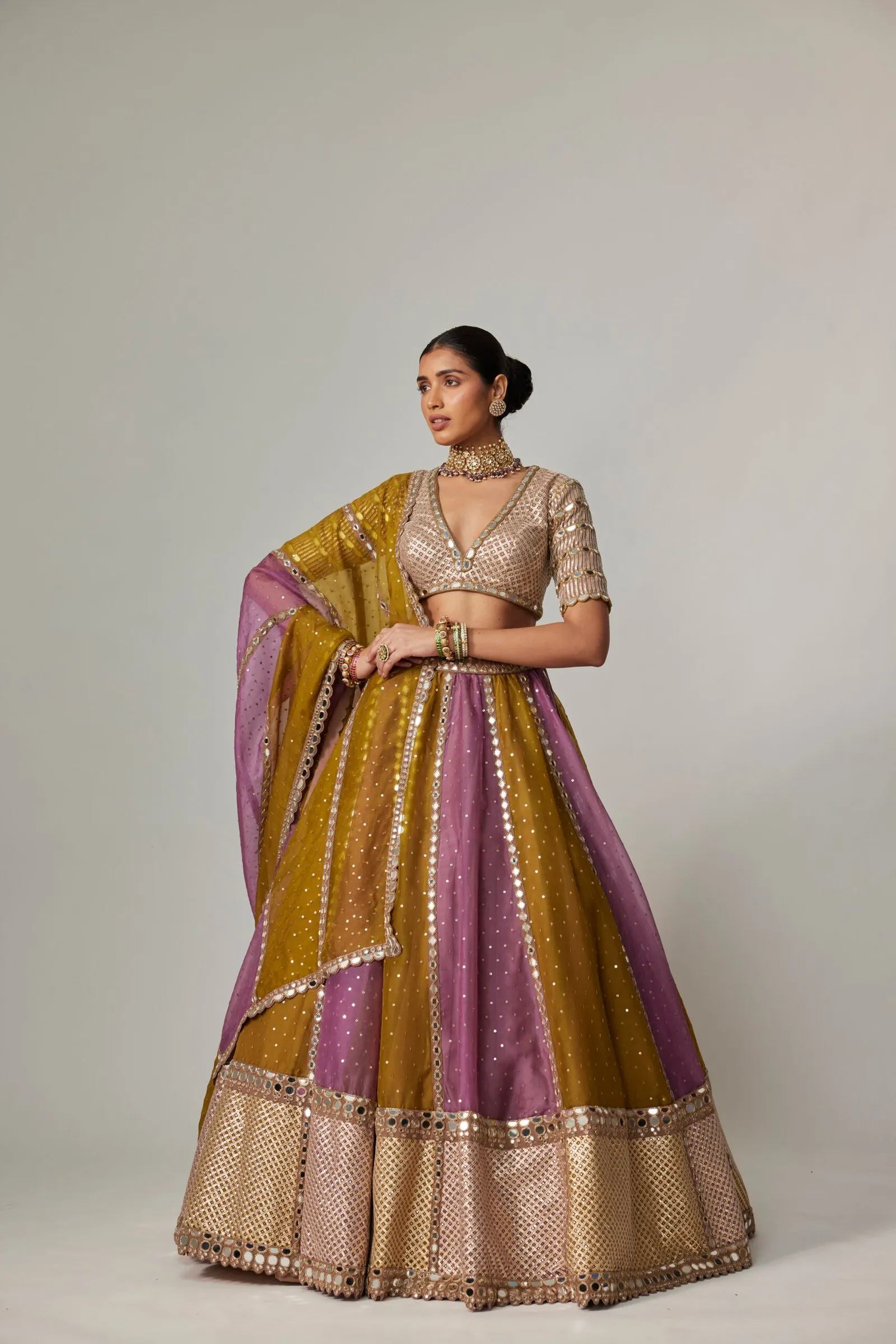 Luxe Mustard and Mauve Lehenga with Intricate Mirror Work and Embellished Blouse