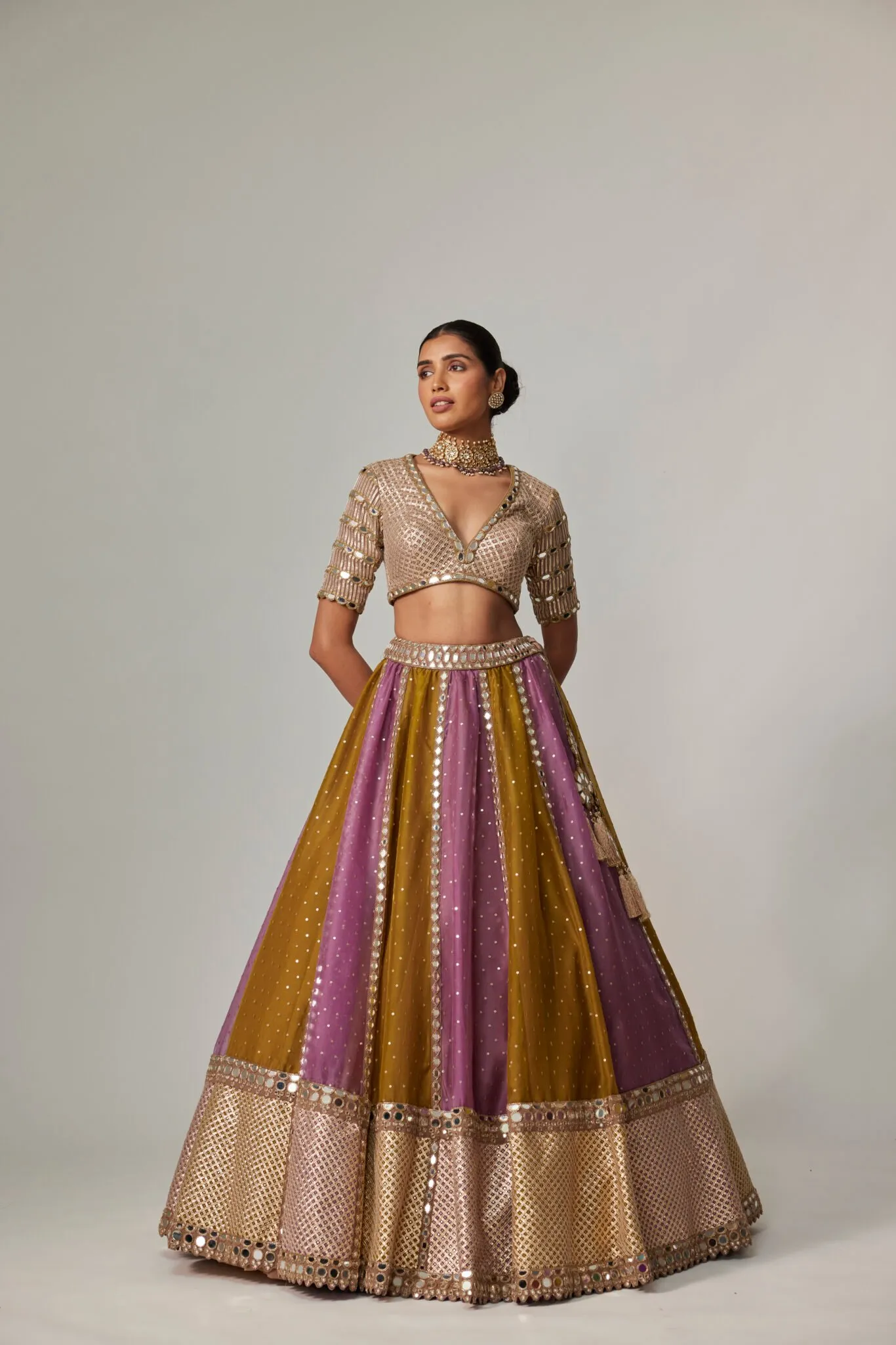 Luxe Mustard and Mauve Lehenga with Intricate Mirror Work and Embellished Blouse
