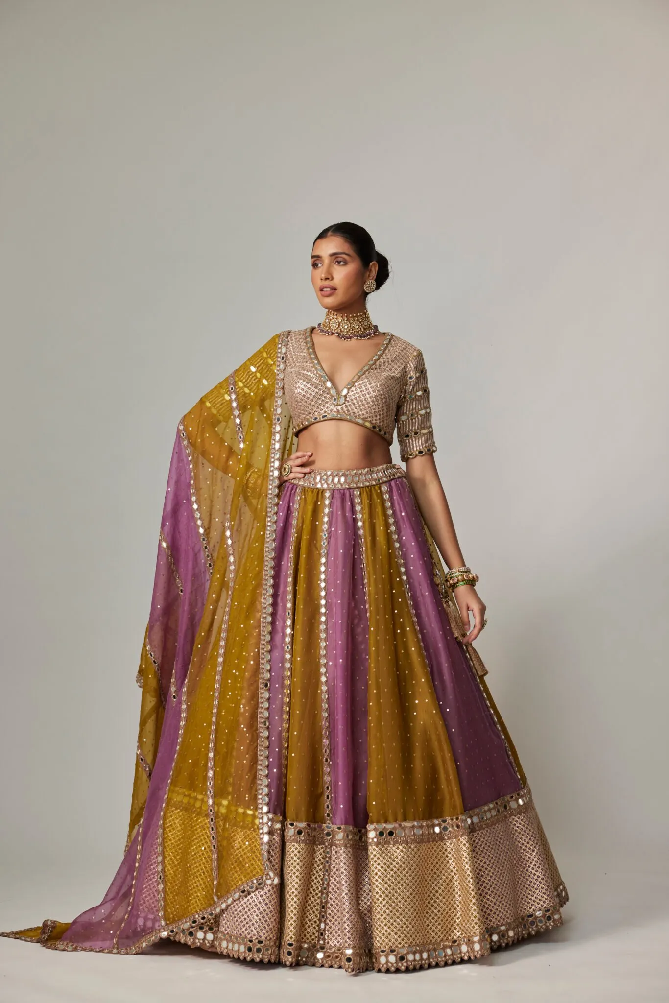 Luxe Mustard and Mauve Lehenga with Intricate Mirror Work and Embellished Blouse