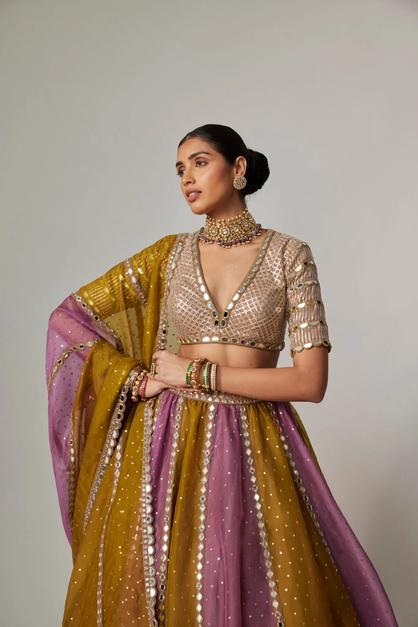 Luxe Mustard and Mauve Lehenga with Intricate Mirror Work and Embellished Blouse