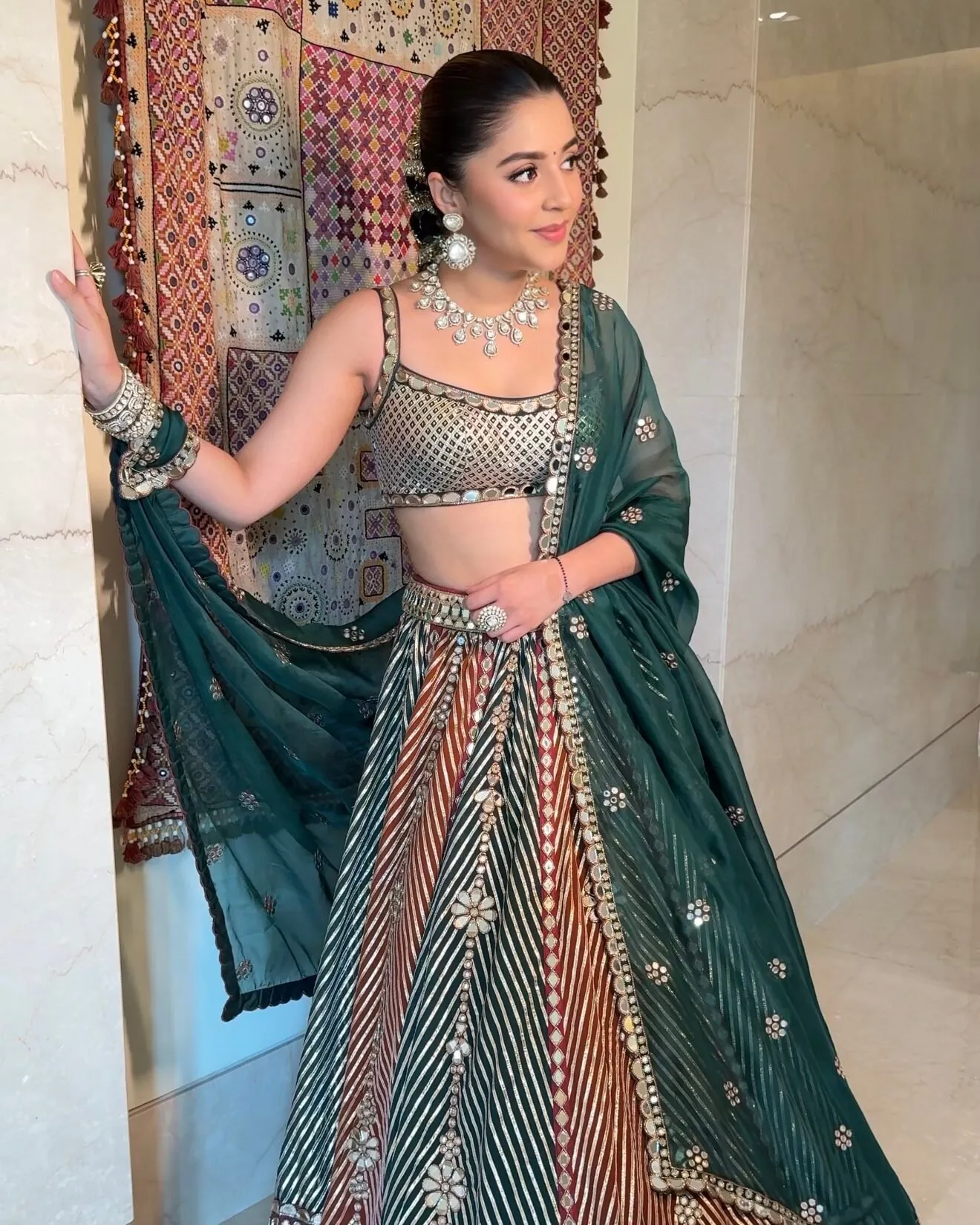 Elegant Emerald and Rust Striped Lehenga with Mirror Work and Embellished Dupatta