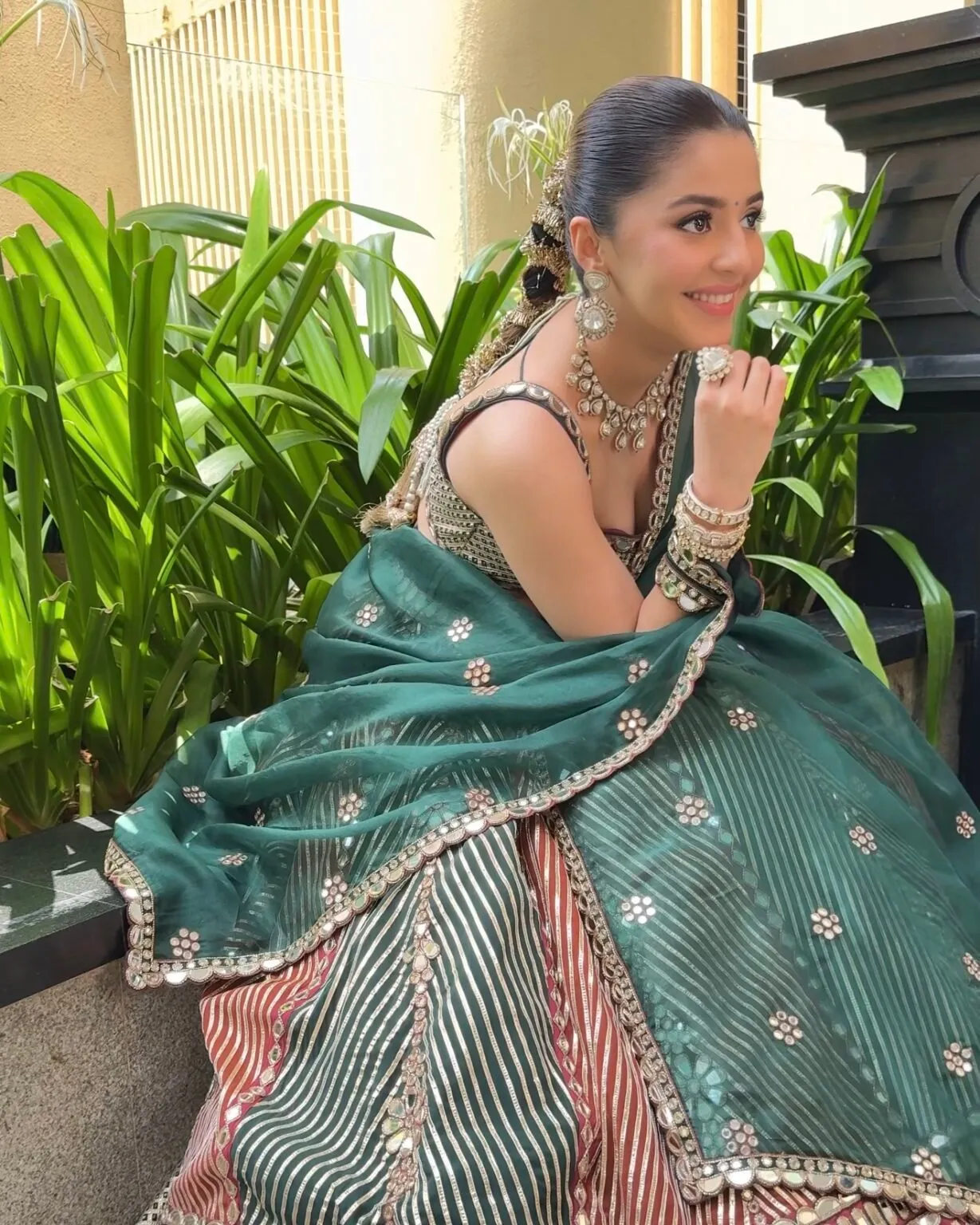 Elegant Emerald and Rust Striped Lehenga with Mirror Work and Embellished Dupatta