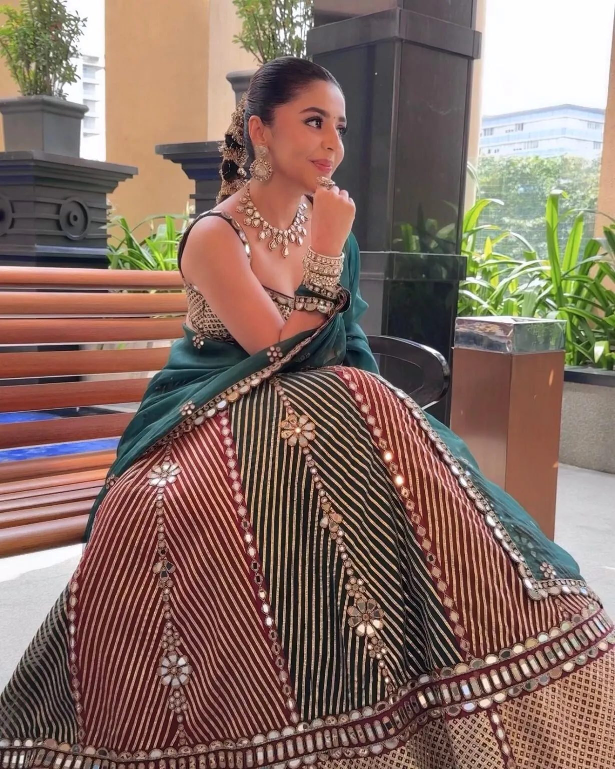 Elegant Emerald and Rust Striped Lehenga with Mirror Work and Embellished Dupatta