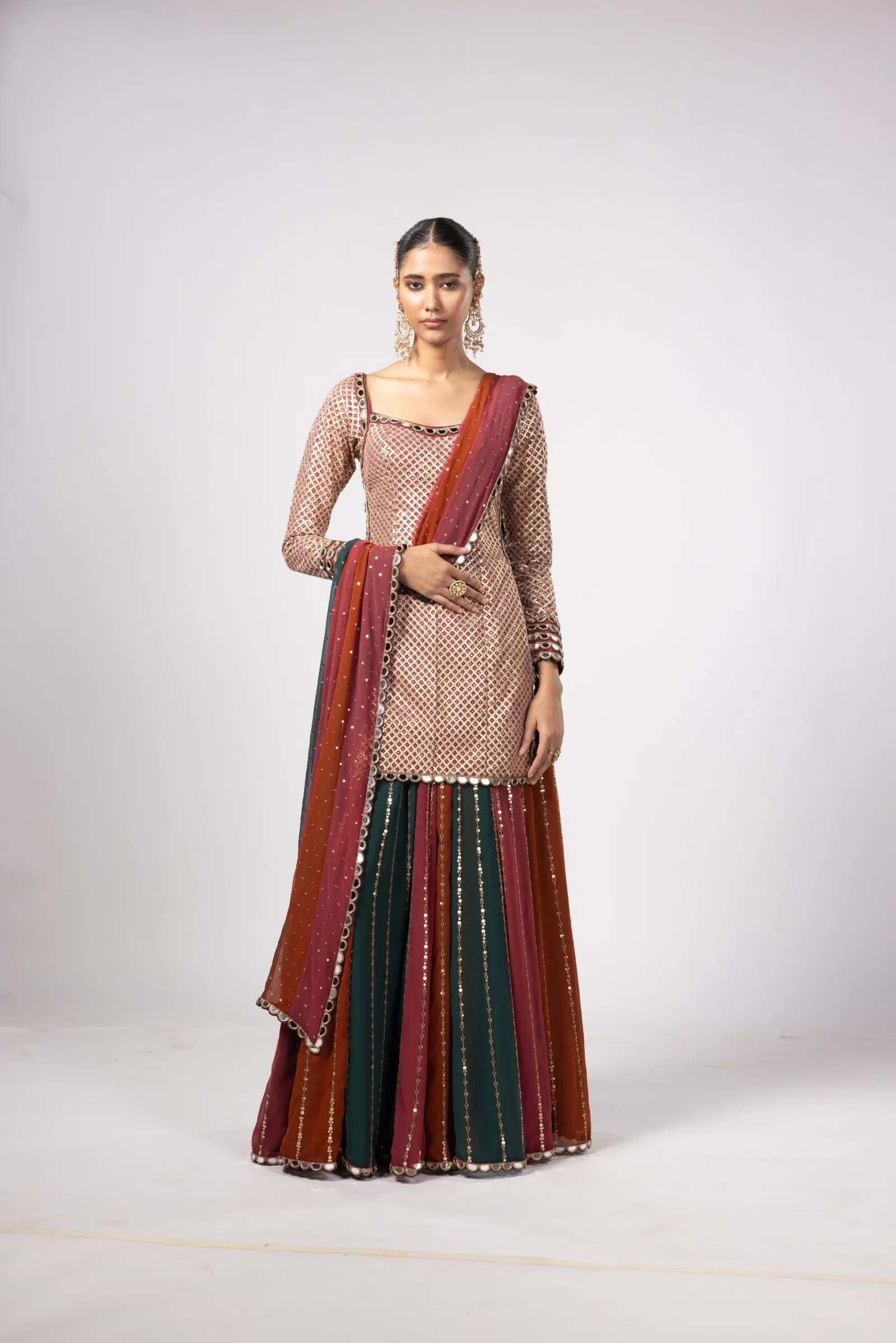 Multi-Tone Mirror Embellished Kurta Lehenga Set
