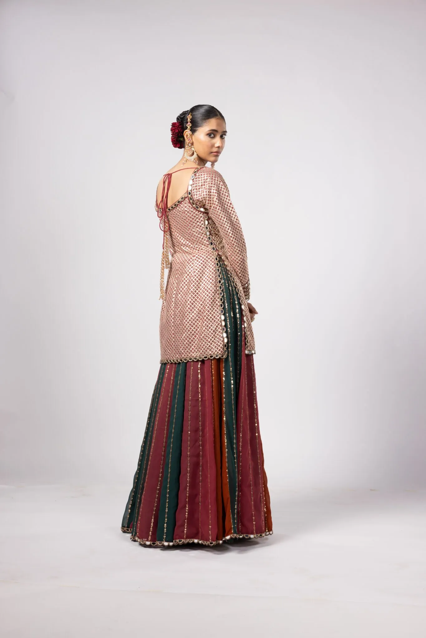 Multi-Tone Mirror Embellished Kurta Lehenga Set