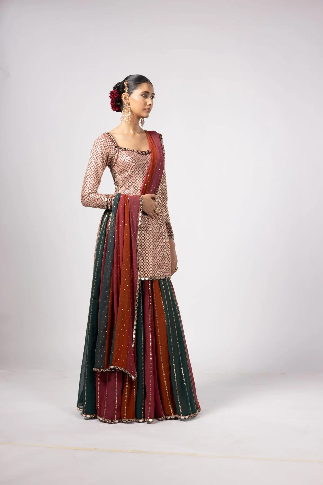 Multi-Tone Mirror Embellished Kurta Lehenga Set