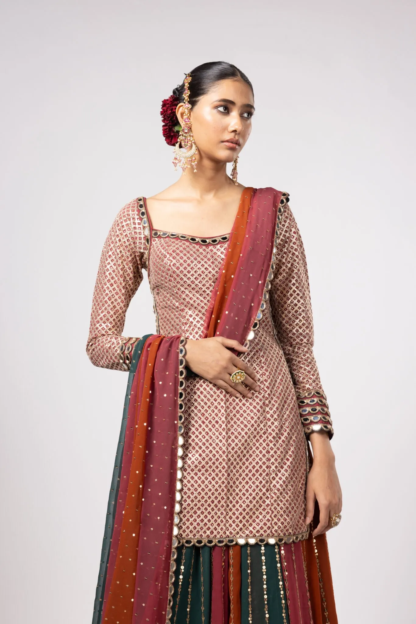 Multi-Tone Mirror Embellished Kurta Lehenga Set