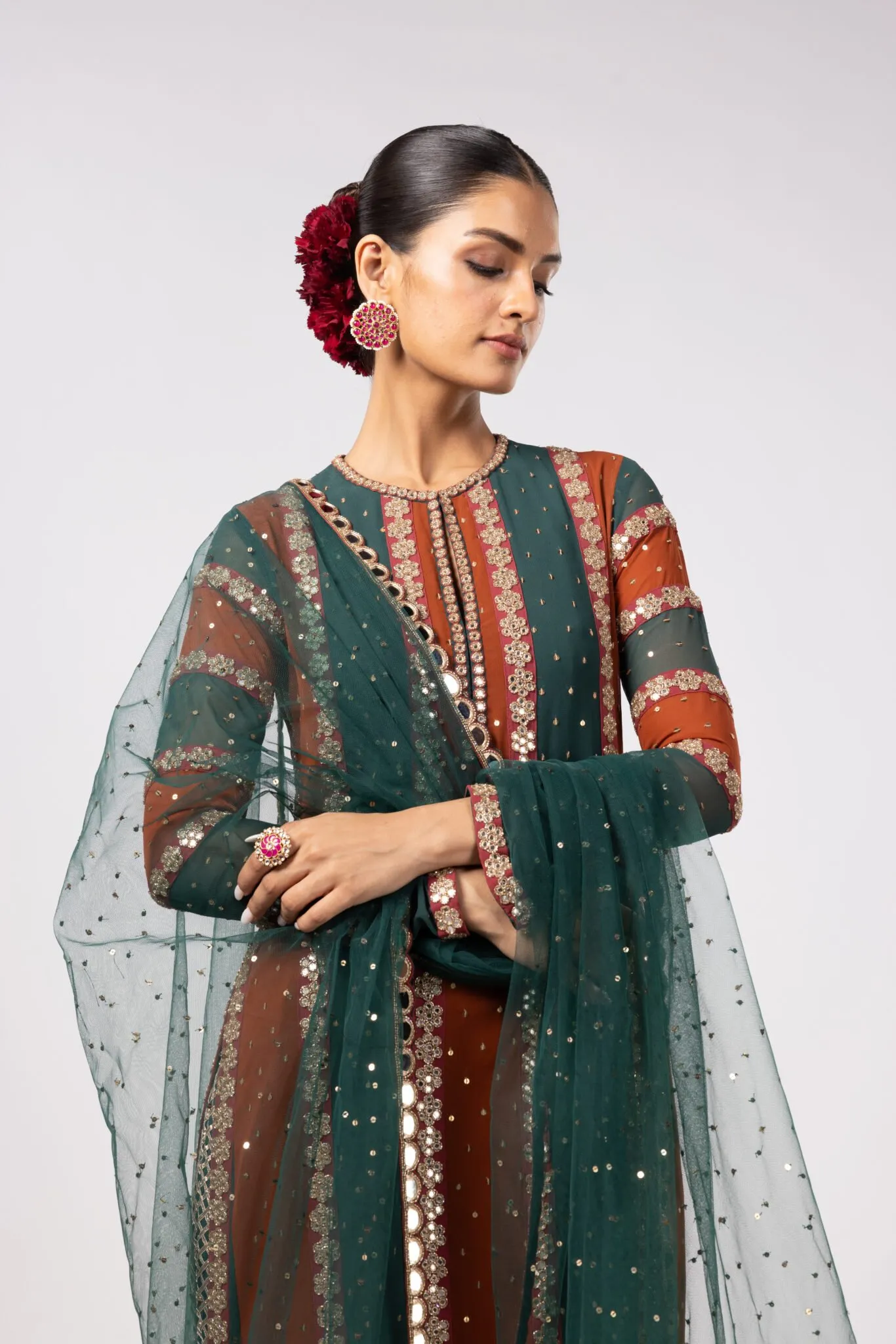 Rust and Emerald Striped Kurta Suit with Mirror Embellished Trousers
