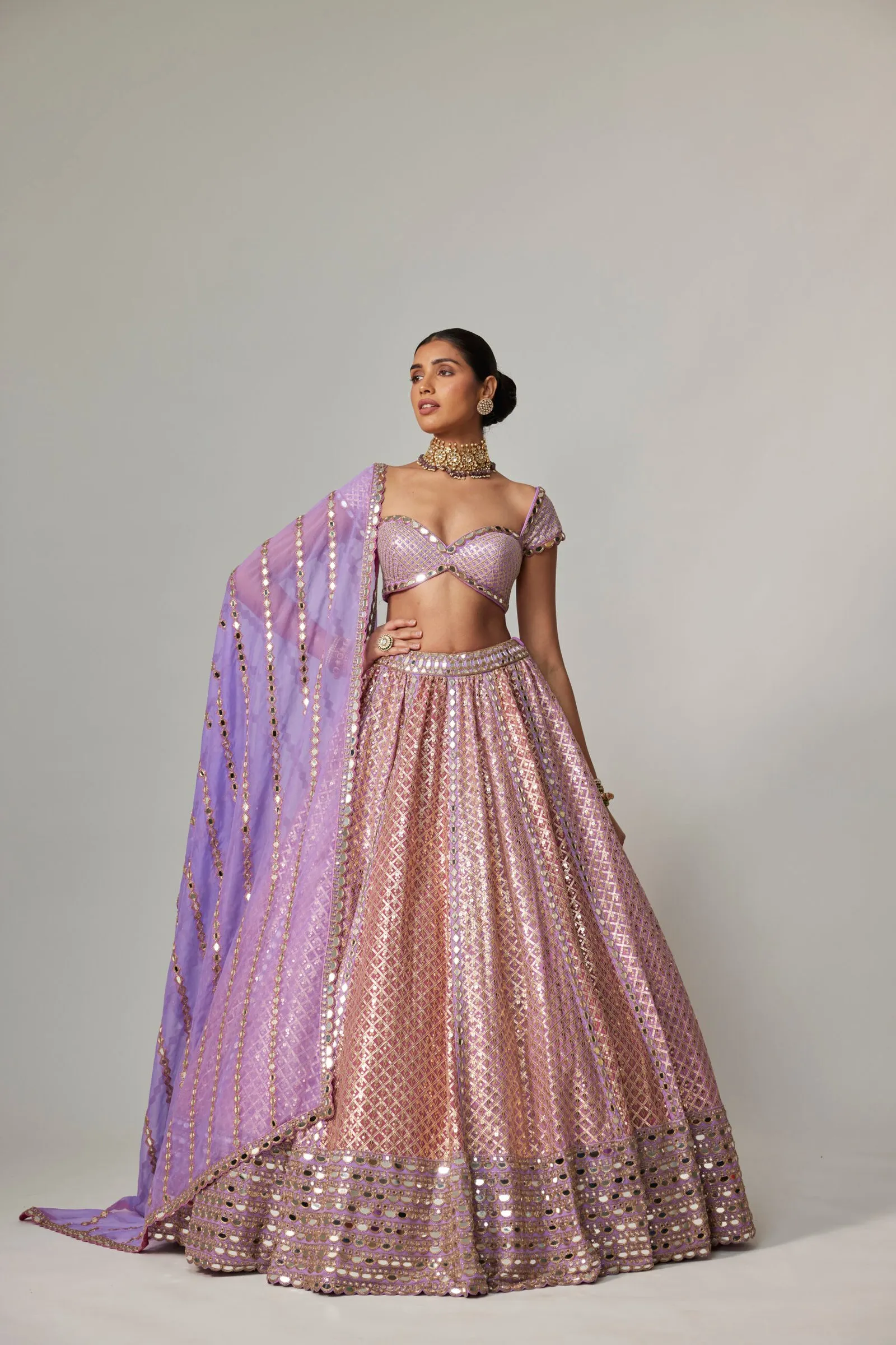 Lilac Mirror-Embellished Bustier Lehenga