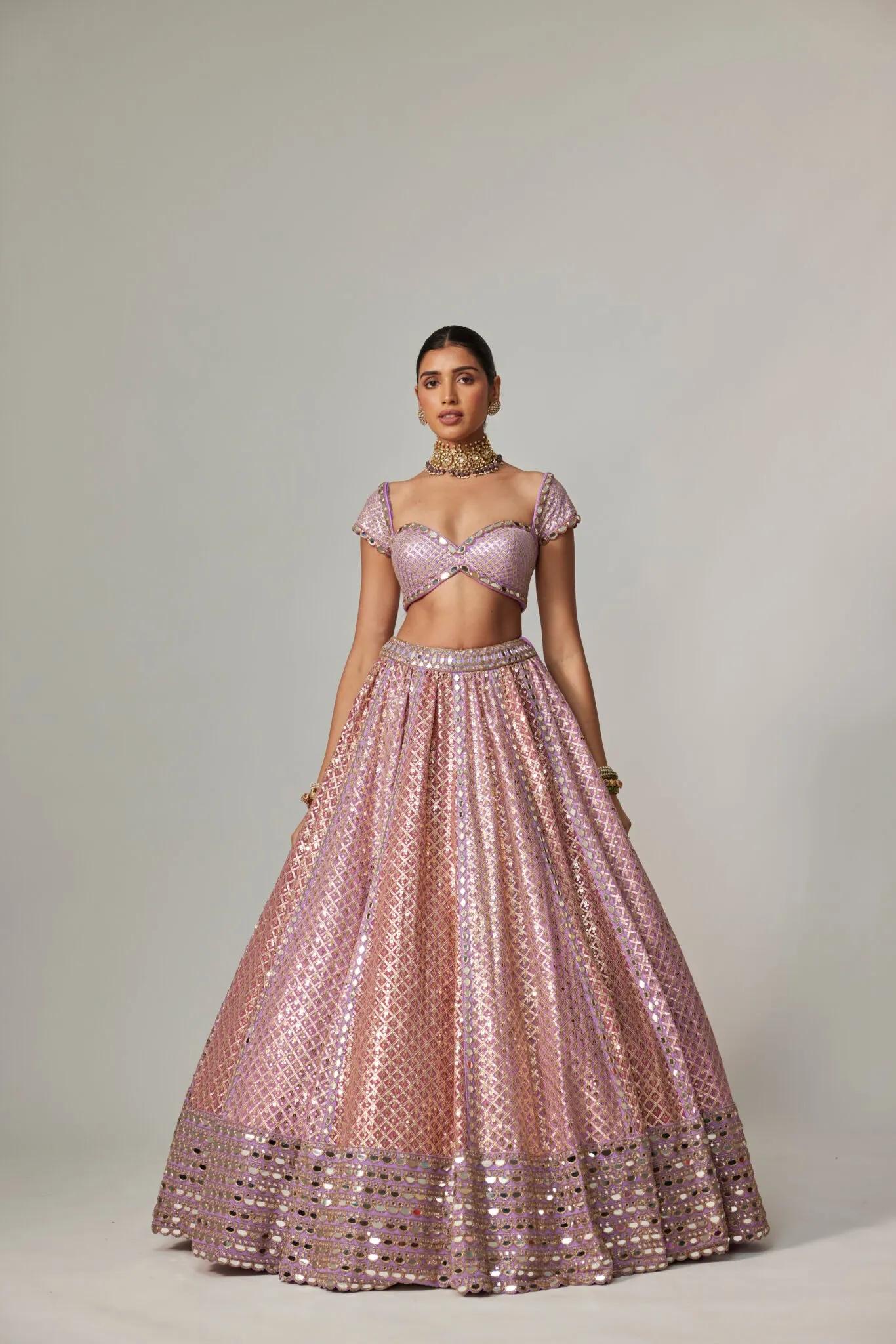 Lilac Mirror-Embellished Bustier Lehenga