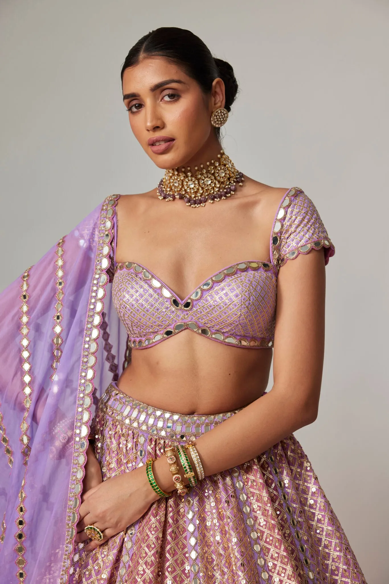 Lilac Mirror-Embellished Bustier Lehenga