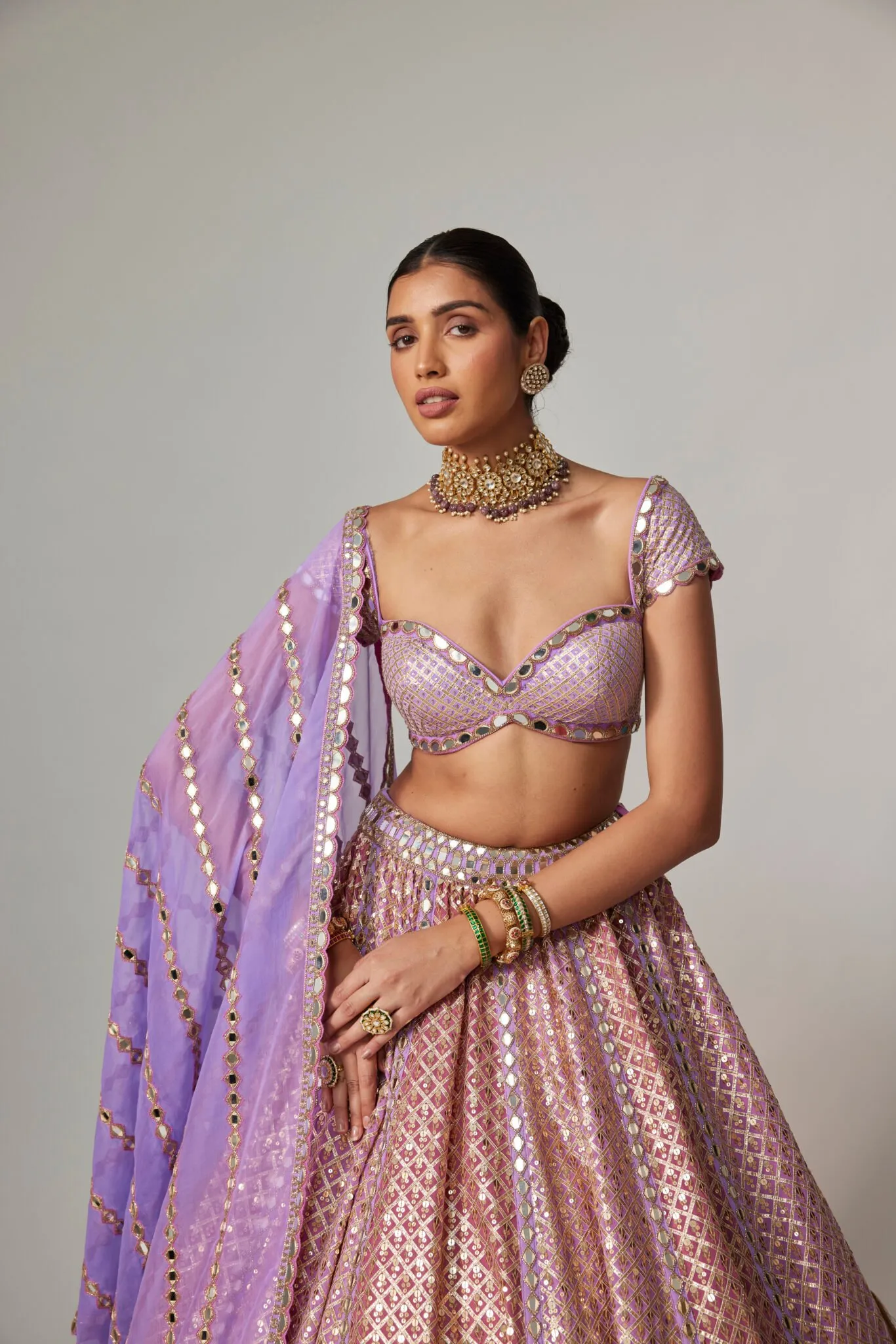 Lilac Mirror-Embellished Bustier Lehenga