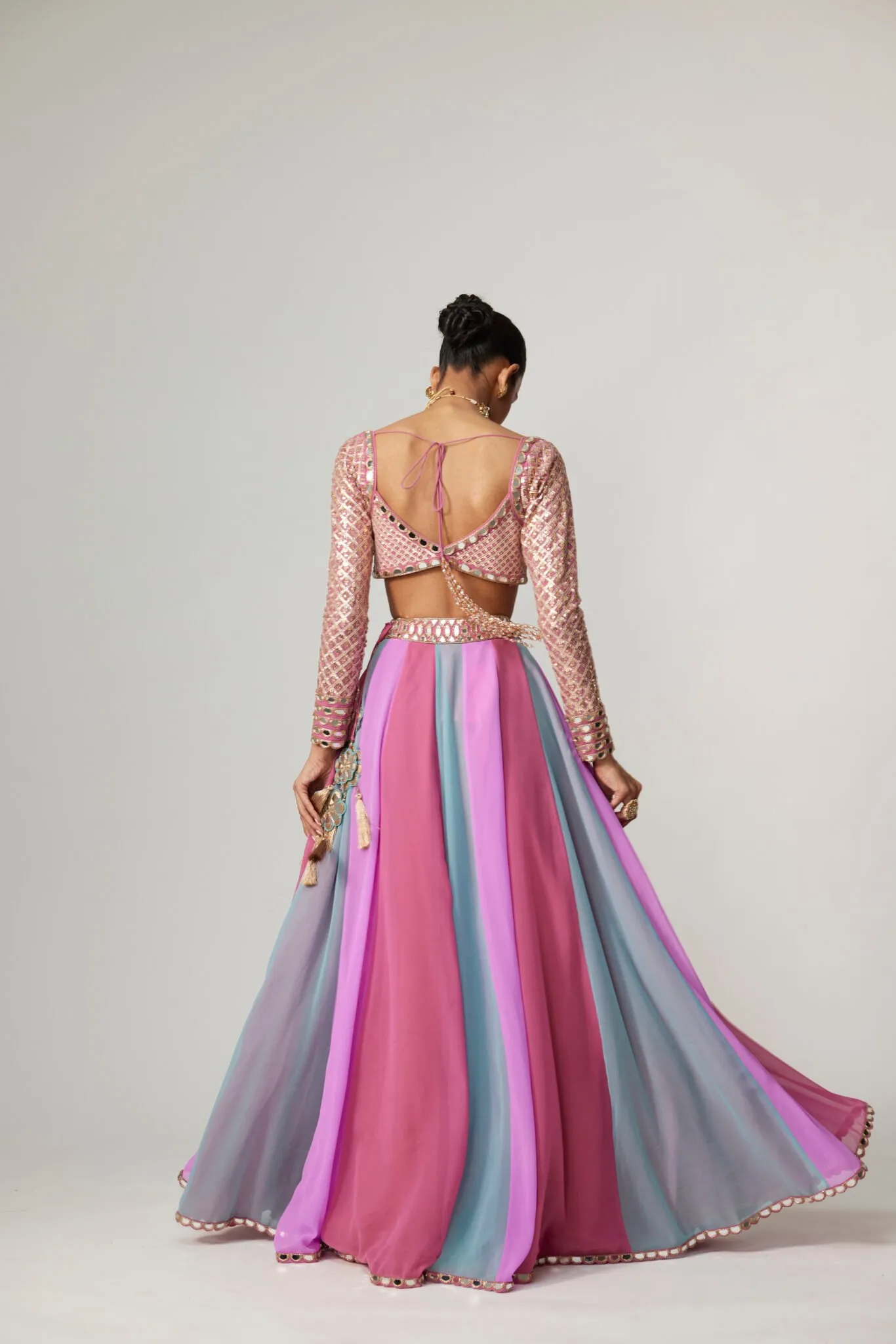 Pink & Blue Mirror-Embellished Bustier Lehenga