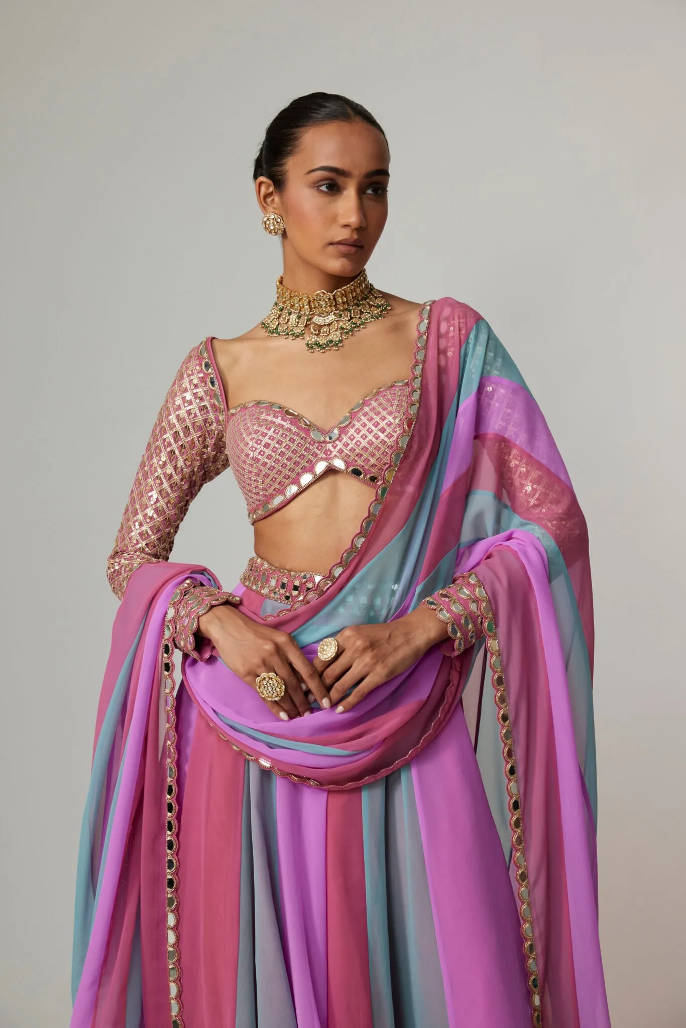 Pink & Blue Mirror-Embellished Bustier Lehenga