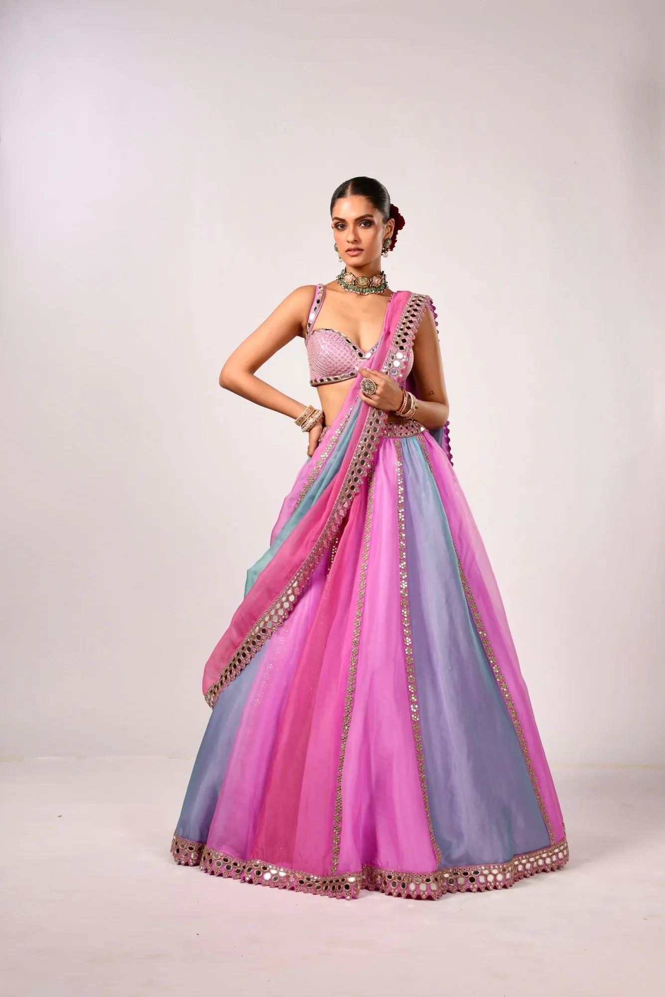 Pink & Blue Mirror-Embellished Lehenga