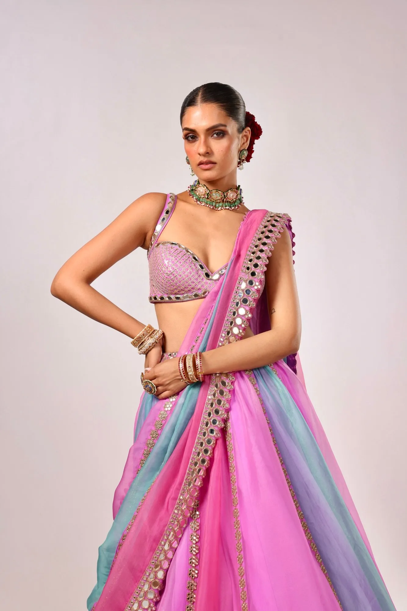 Pink & Blue Mirror-Embellished Lehenga