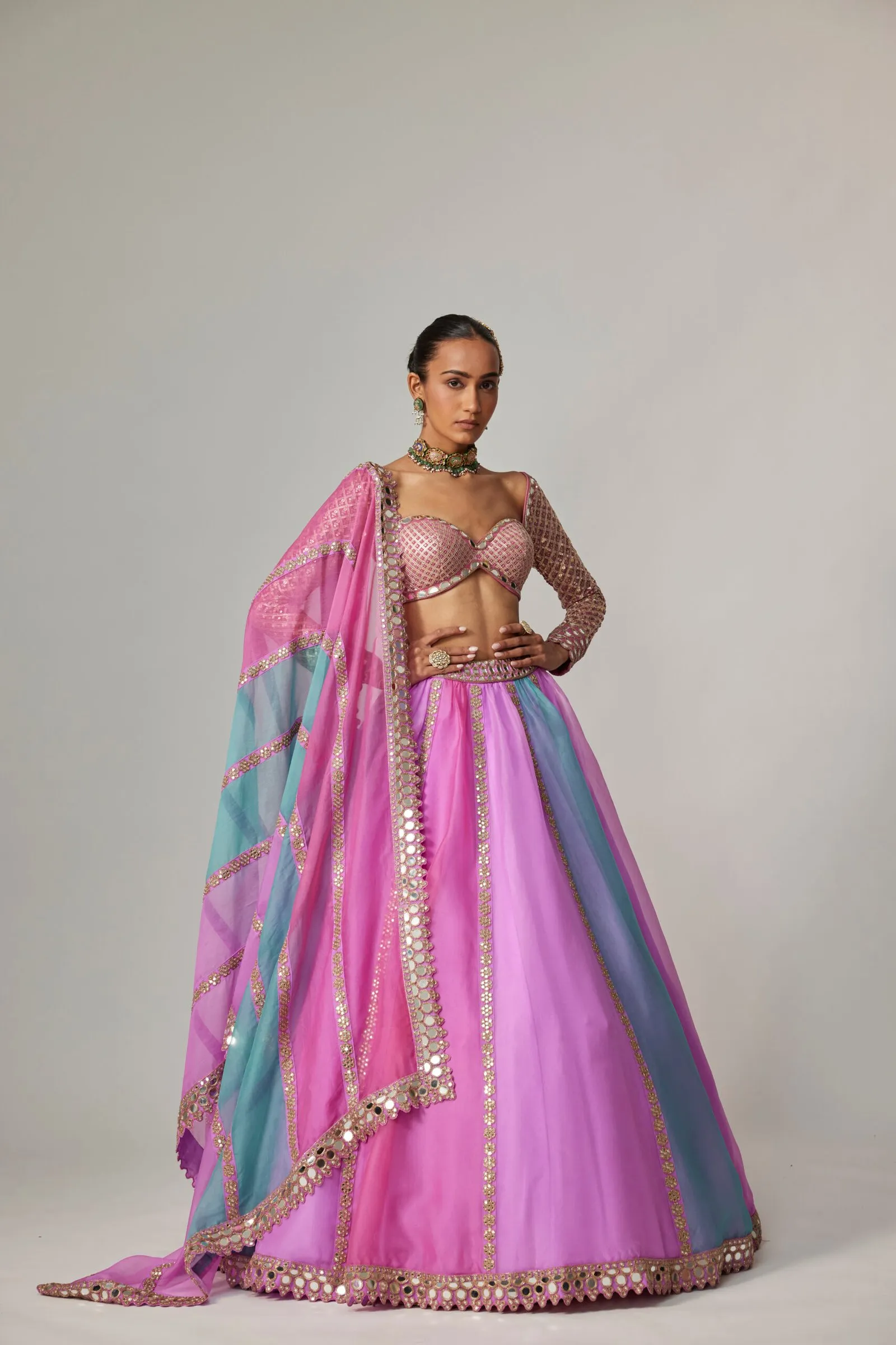Pink & Blue Dual-Toned Mirror Work Lehenga