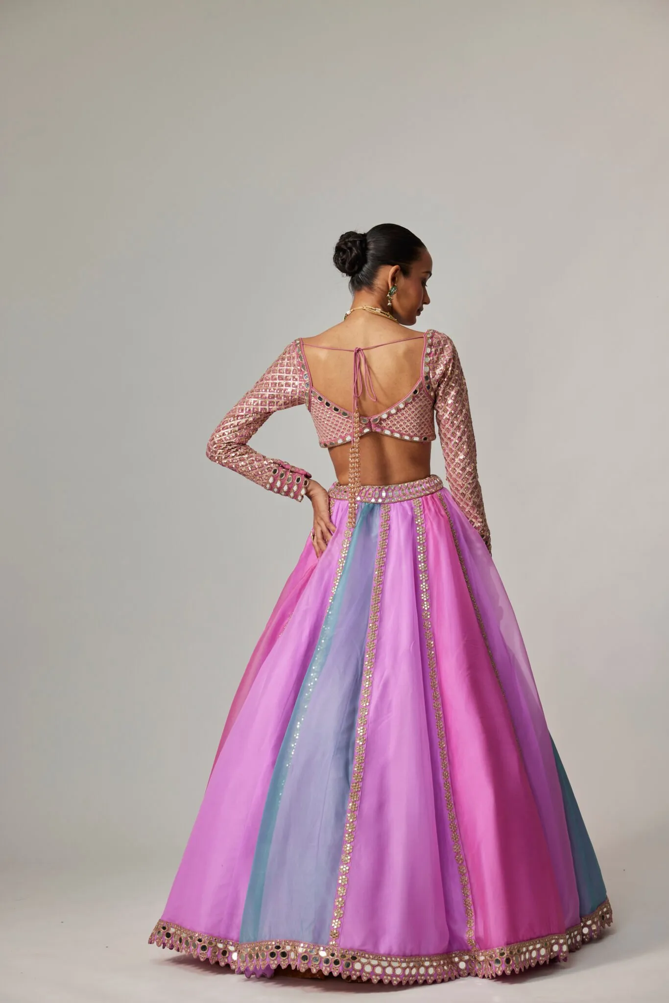Pink & Blue Dual-Toned Mirror Work Lehenga