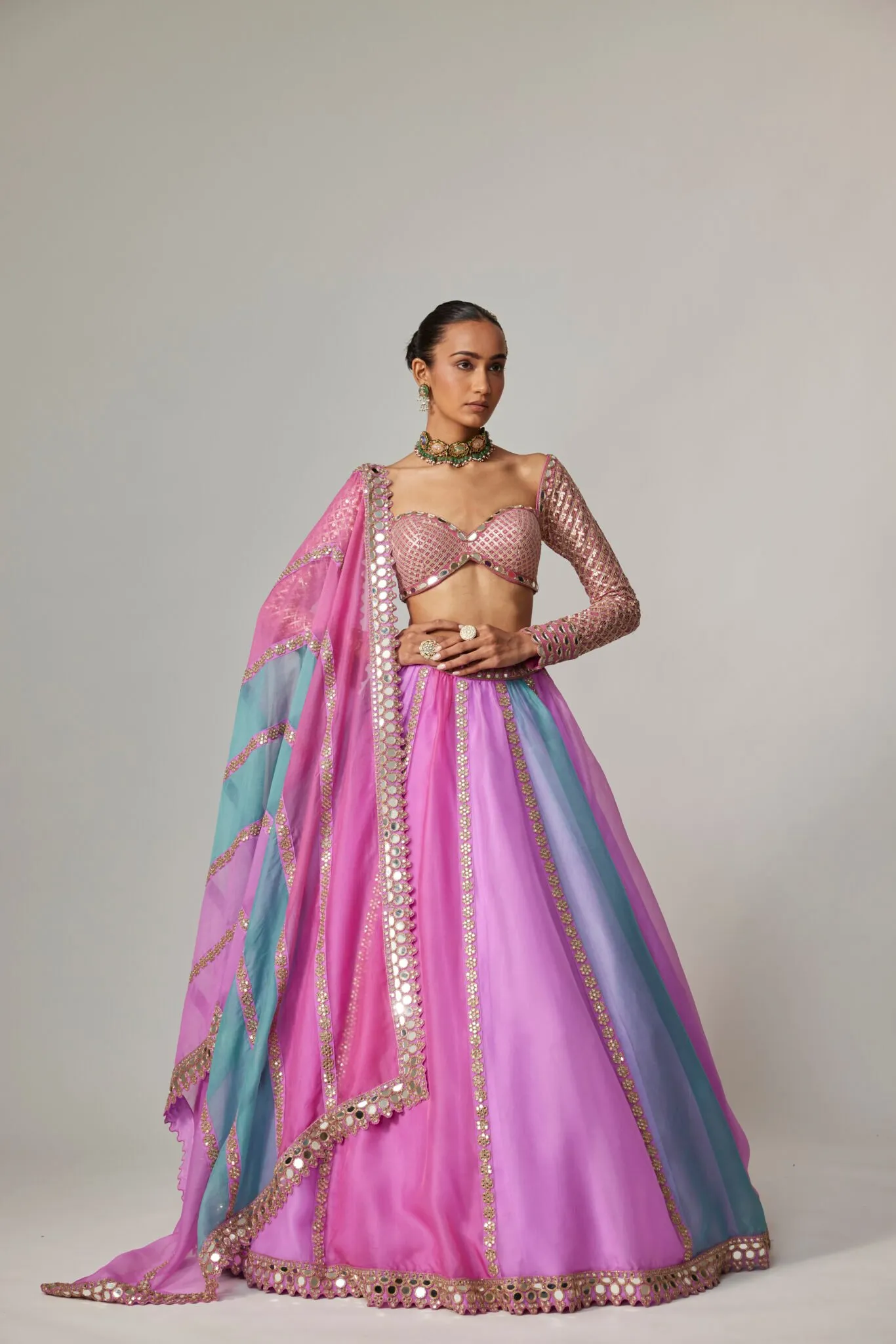 Pink & Blue Dual-Toned Mirror Work Lehenga