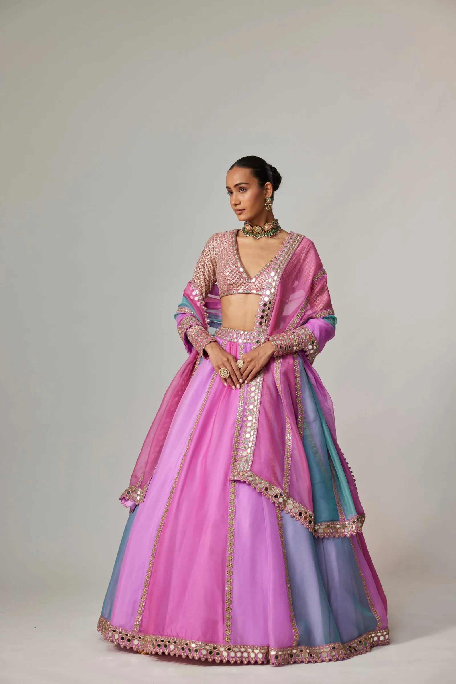 Pink & Blue Pastel Mirror Work Lehenga with Long-Sleeved Blouse