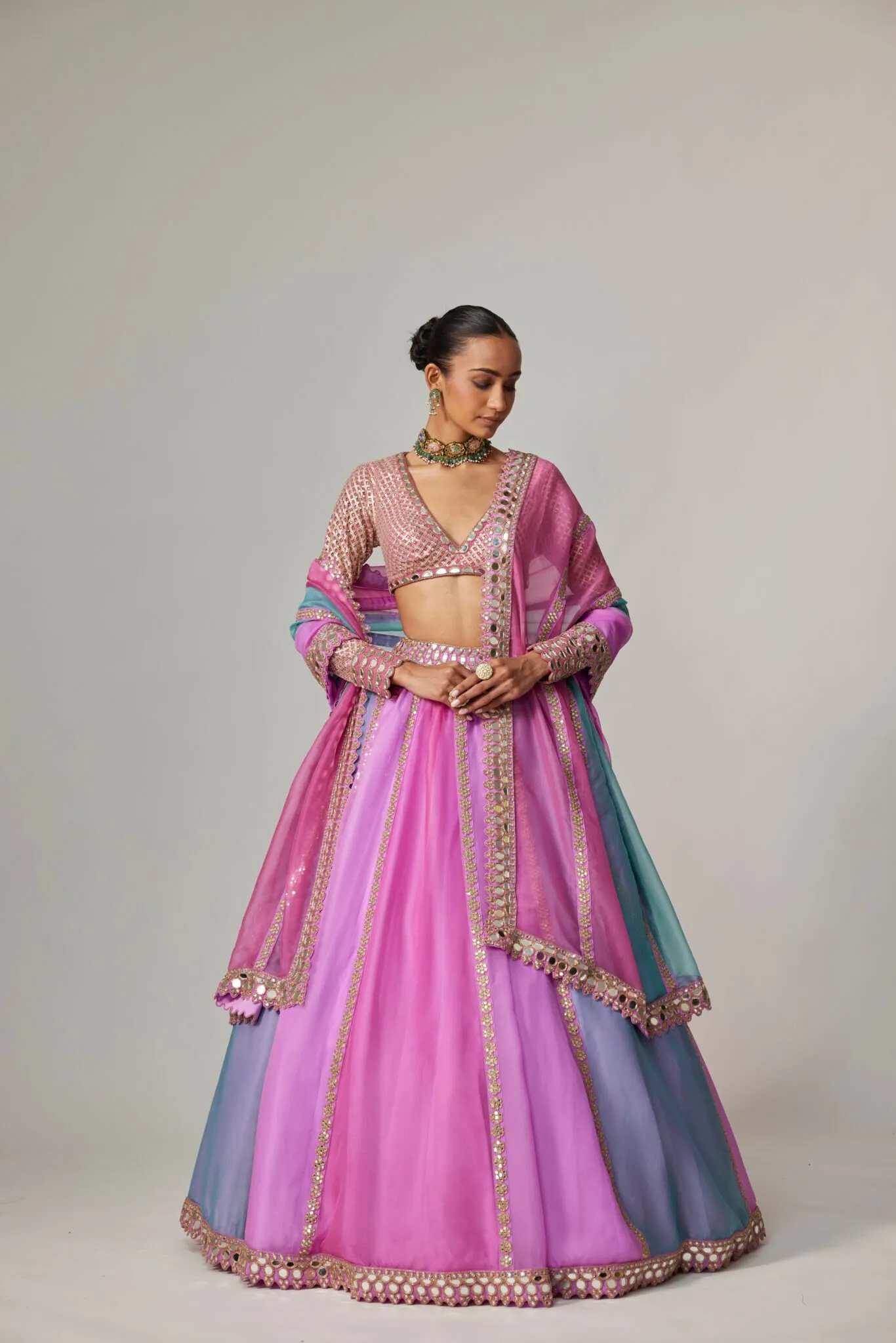 Pink & Blue Pastel Mirror Work Lehenga with Long-Sleeved Blouse