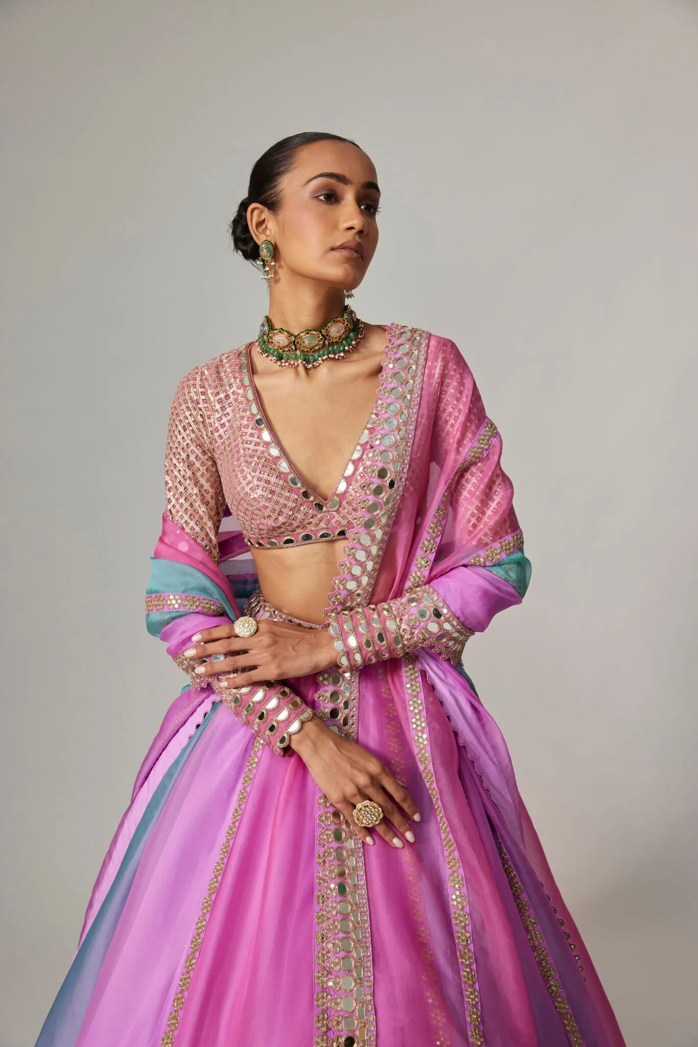 Pink & Blue Pastel Mirror Work Lehenga with Long-Sleeved Blouse