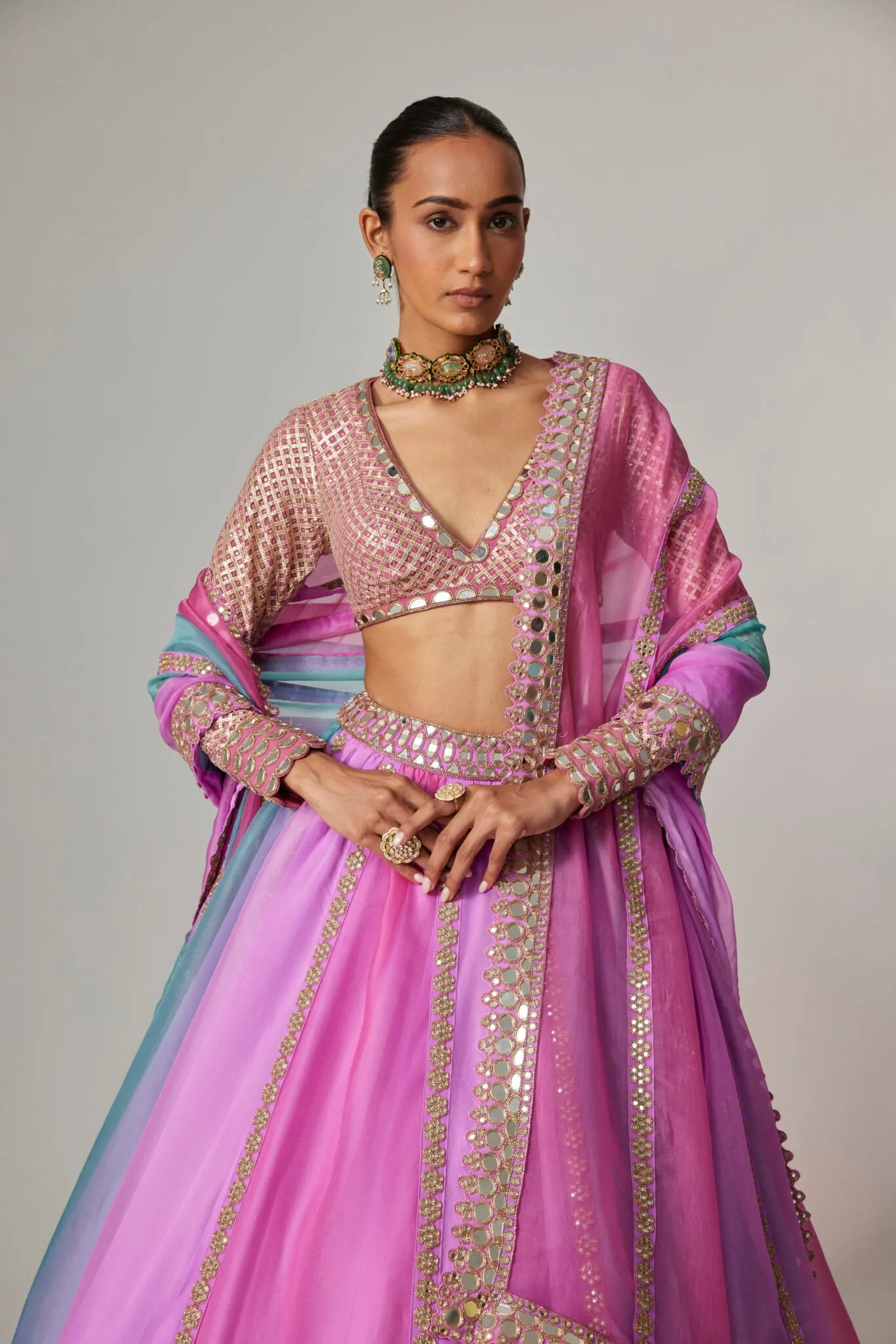 Pink & Blue Pastel Mirror Work Lehenga with Long-Sleeved Blouse