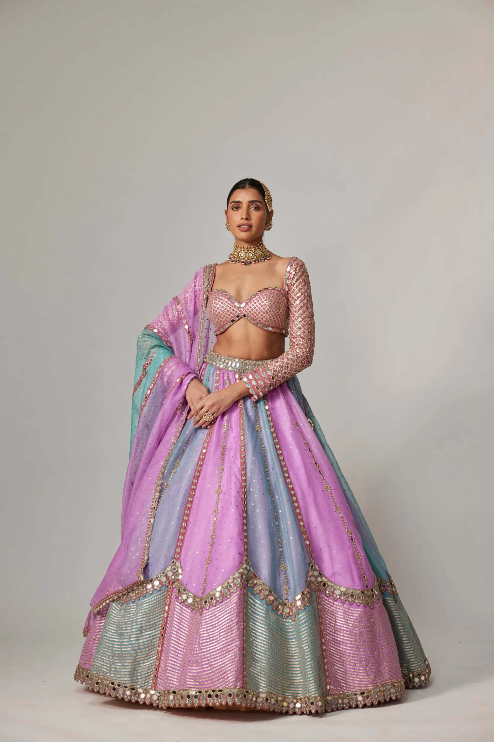 Pastel Pink & Blue Scalloped Mirror Work Lehenga with Long-Sleeved Blouse