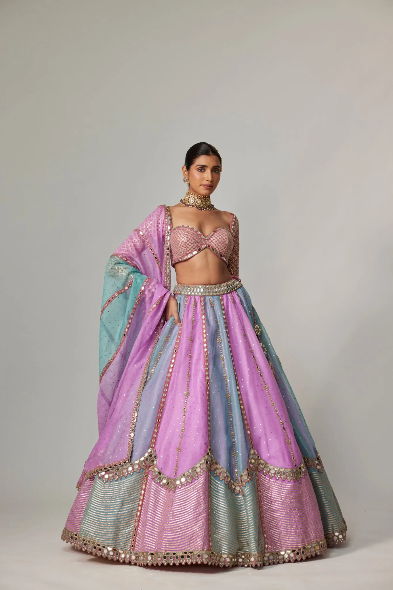 Pastel Pink & Blue Scalloped Mirror Work Lehenga with Long-Sleeved Blouse