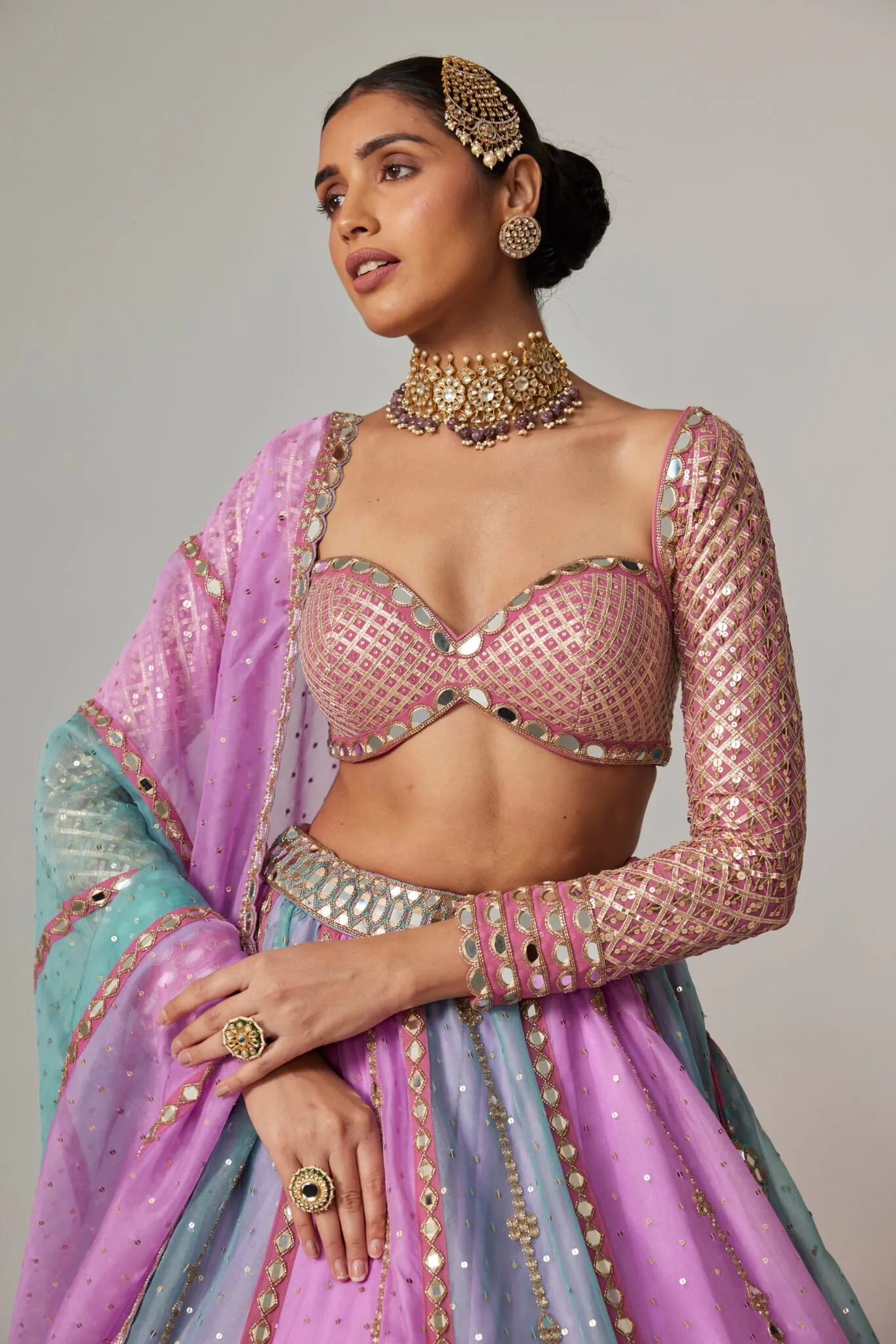 Pastel Pink & Blue Scalloped Mirror Work Lehenga with Long-Sleeved Blouse