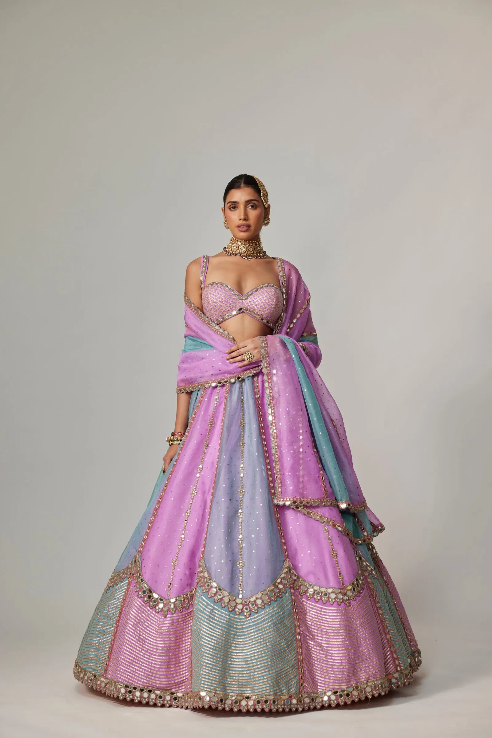 Pastel Lilac & Blue Scalloped Mirror Work Lehenga with Strappy Blouse