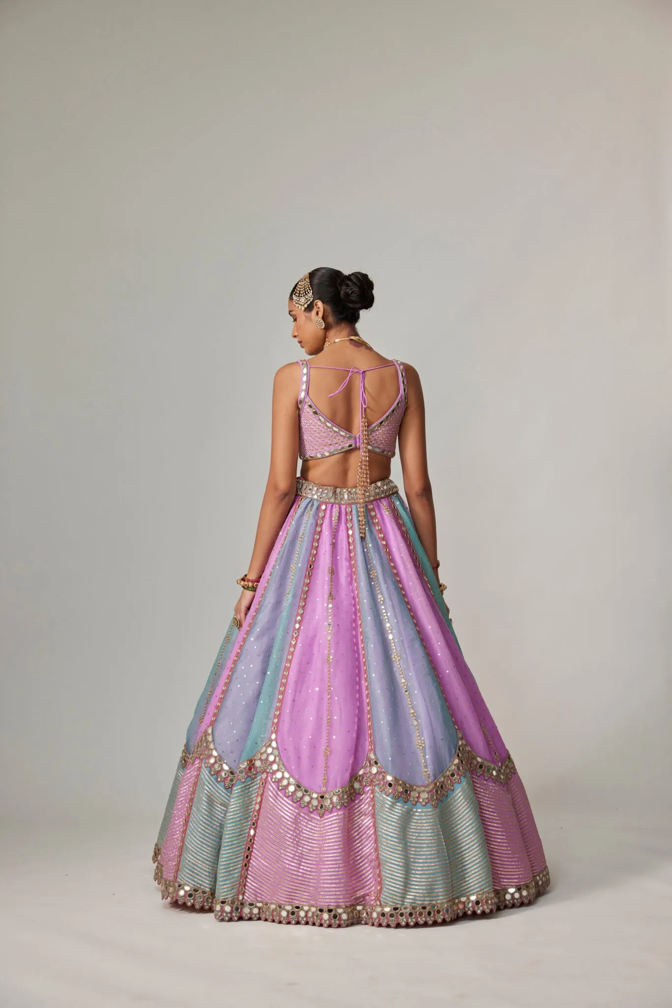 Pastel Lilac & Blue Scalloped Mirror Work Lehenga with Strappy Blouse