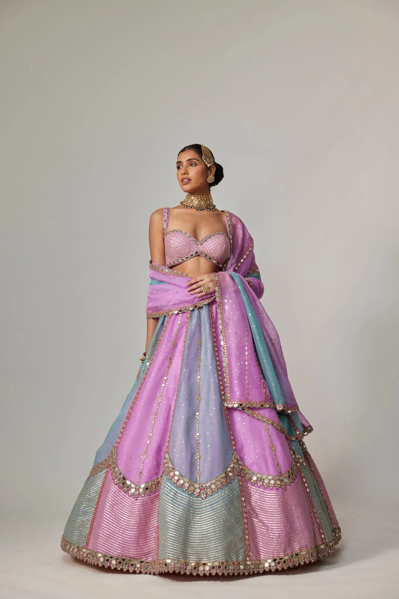 Pastel Lilac & Blue Scalloped Mirror Work Lehenga with Strappy Blouse