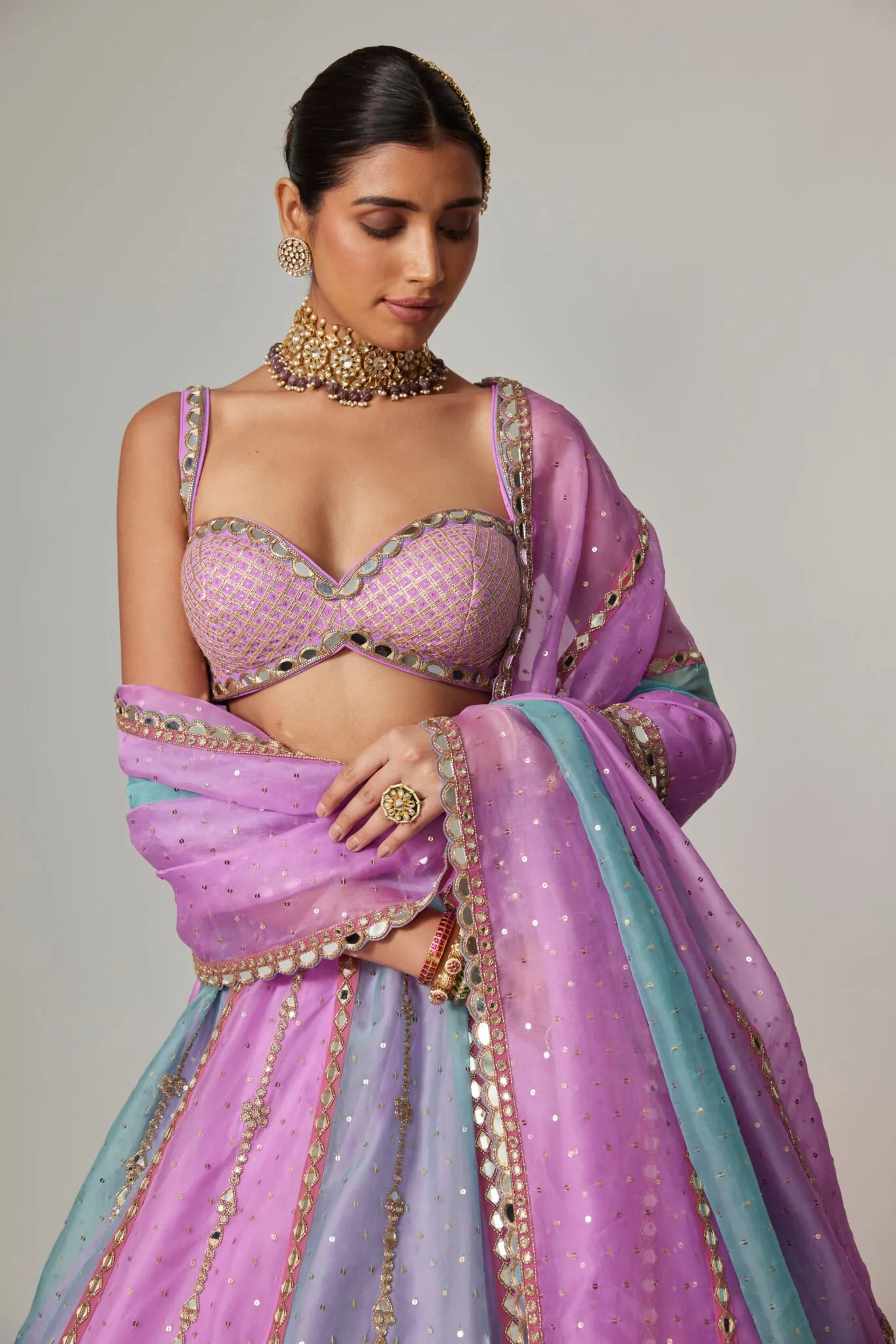 Pastel Lilac & Blue Scalloped Mirror Work Lehenga with Strappy Blouse