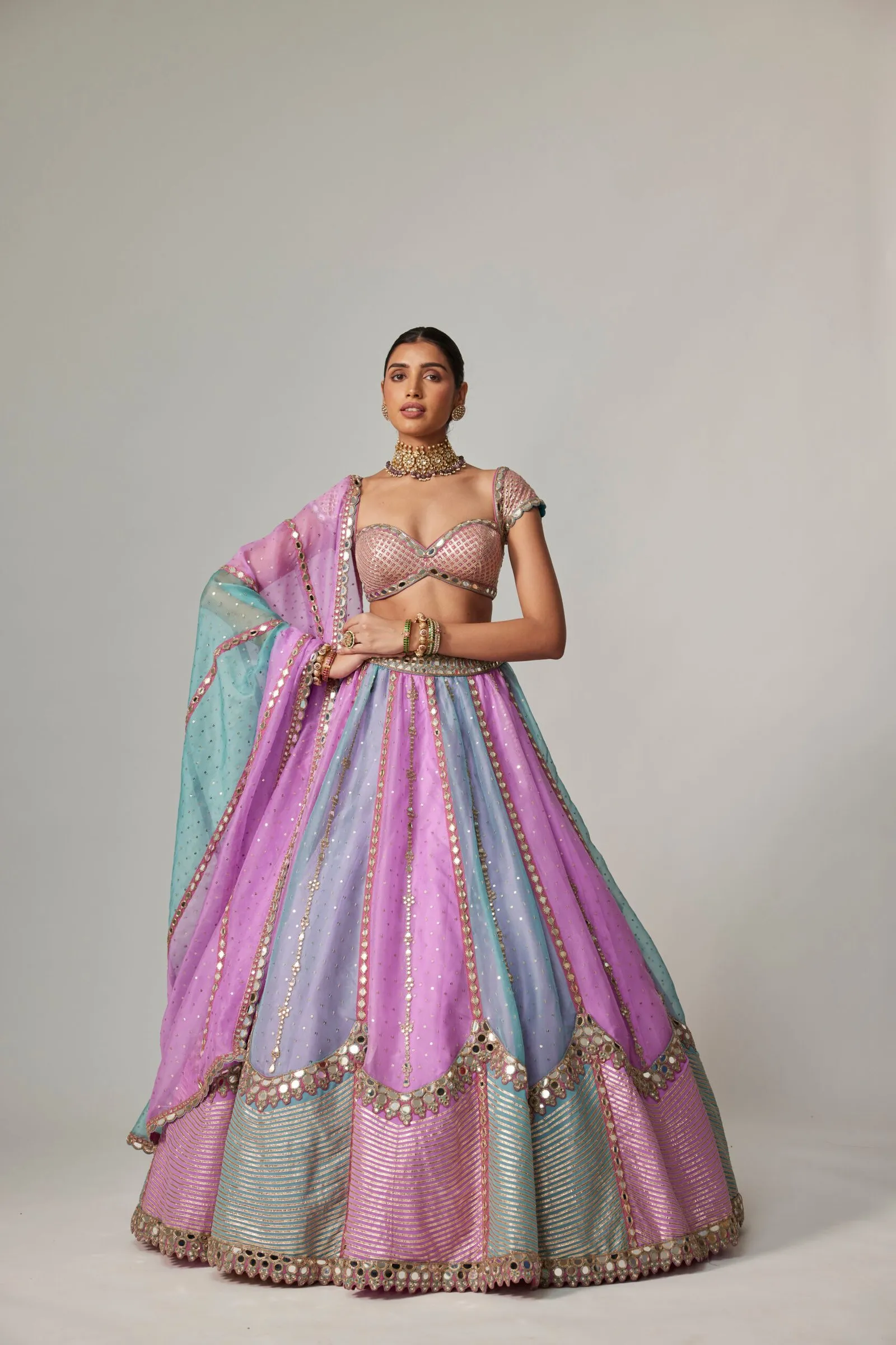 Pastel Lilac & Aqua Scalloped Mirror Lehenga with Sweetheart Blouse