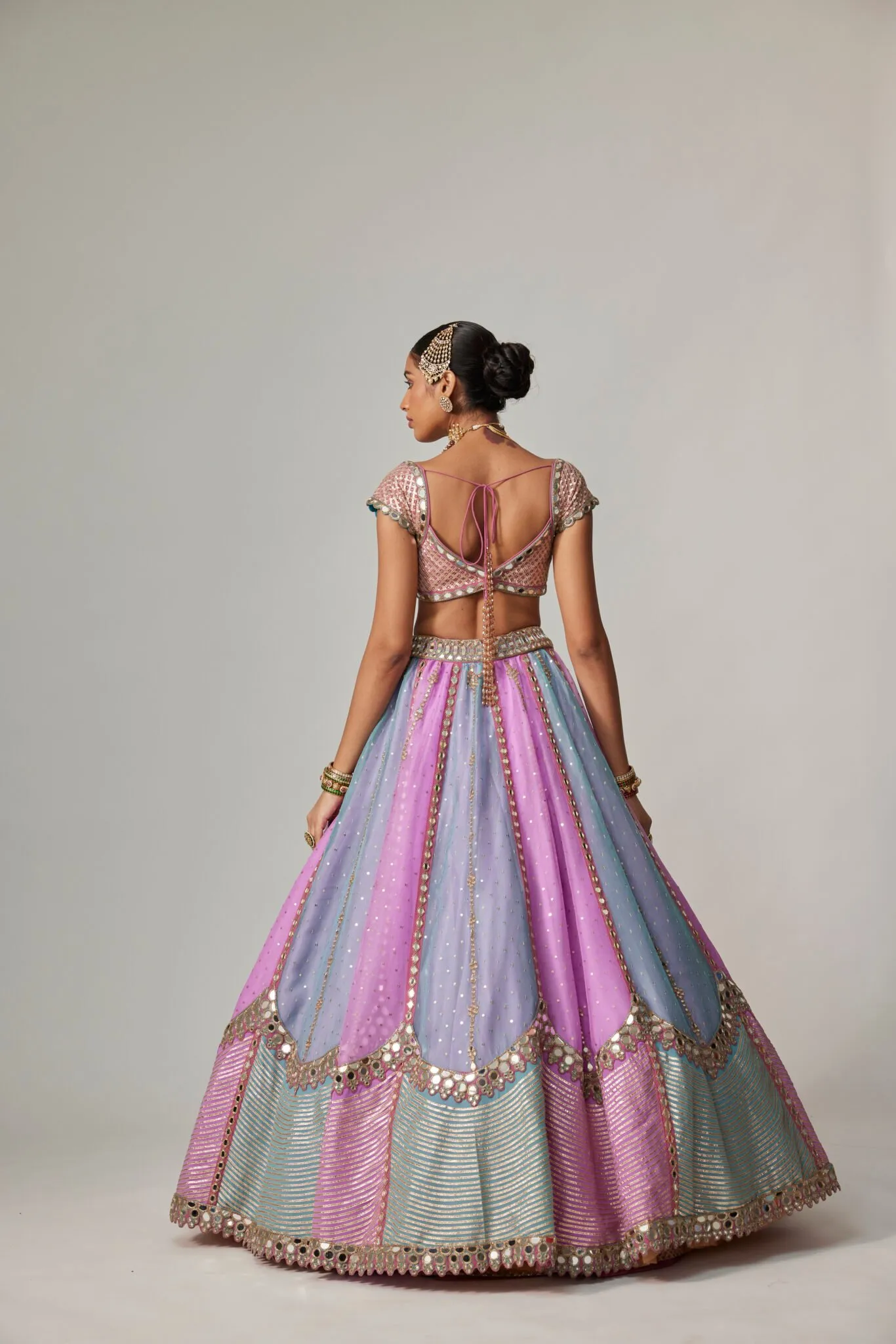 Pastel Lilac & Aqua Scalloped Mirror Lehenga with Sweetheart Blouse