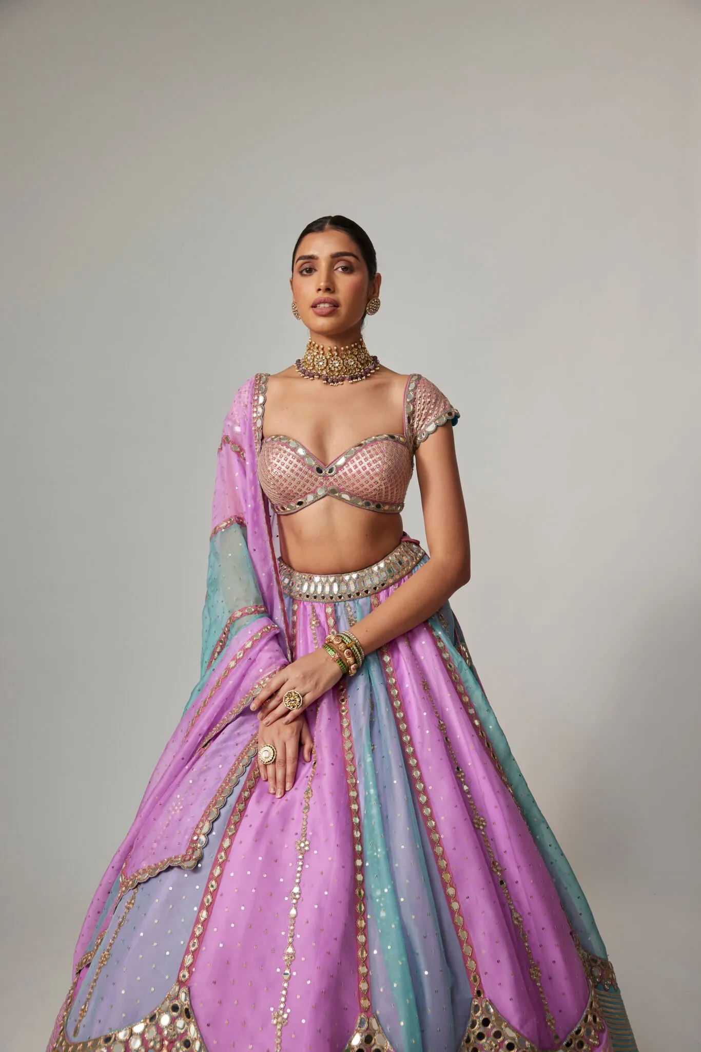 Pastel Lilac & Aqua Scalloped Mirror Lehenga with Sweetheart Blouse