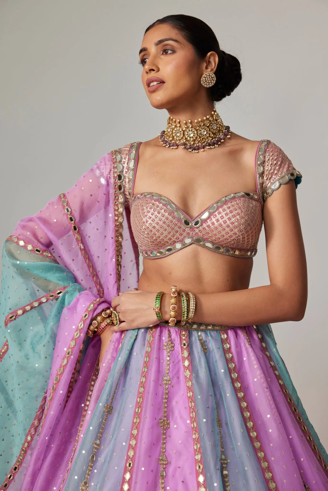 Pastel Lilac & Aqua Scalloped Mirror Lehenga with Sweetheart Blouse