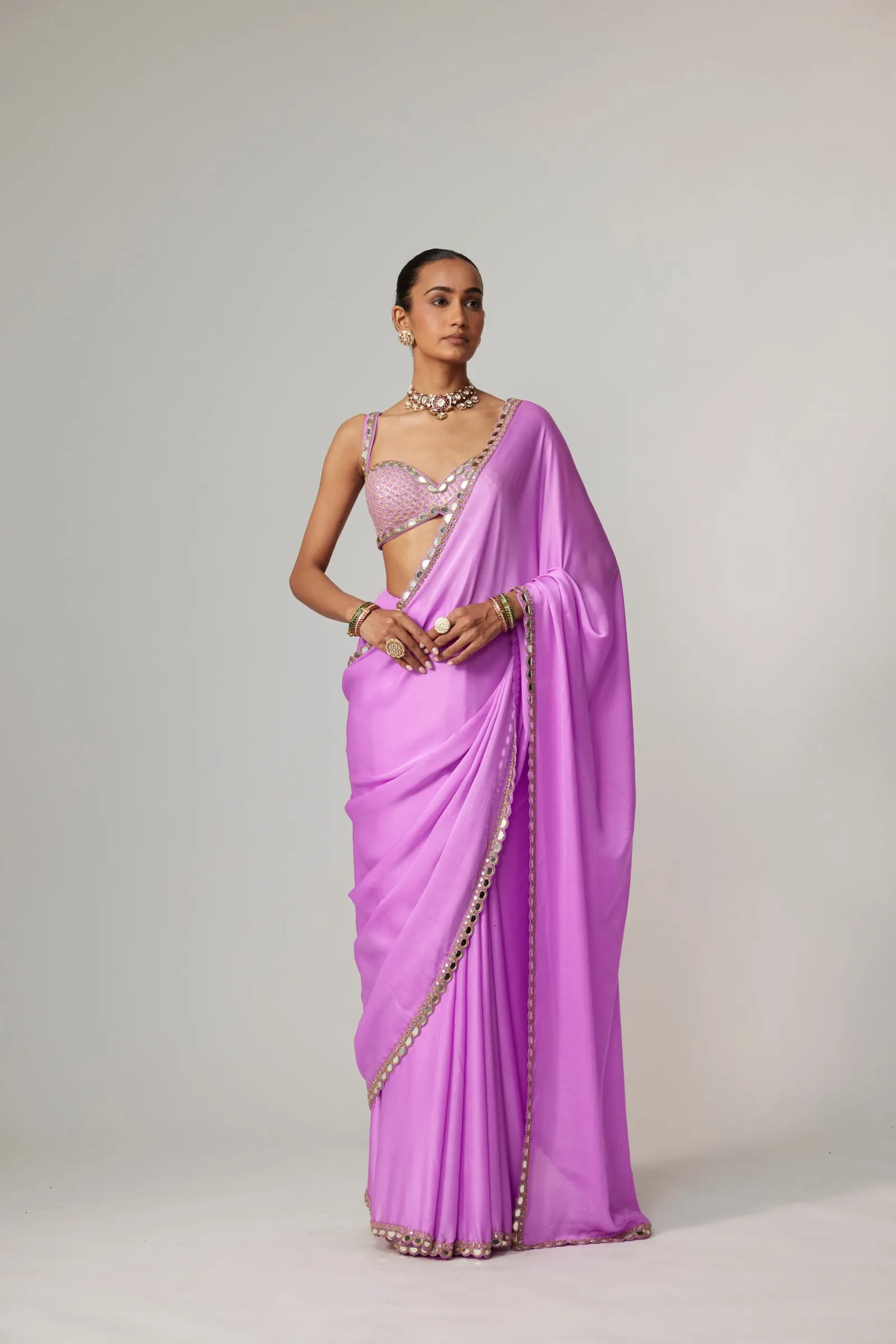 Lilac Mirror-Trim Saree with Embroidered Blouse