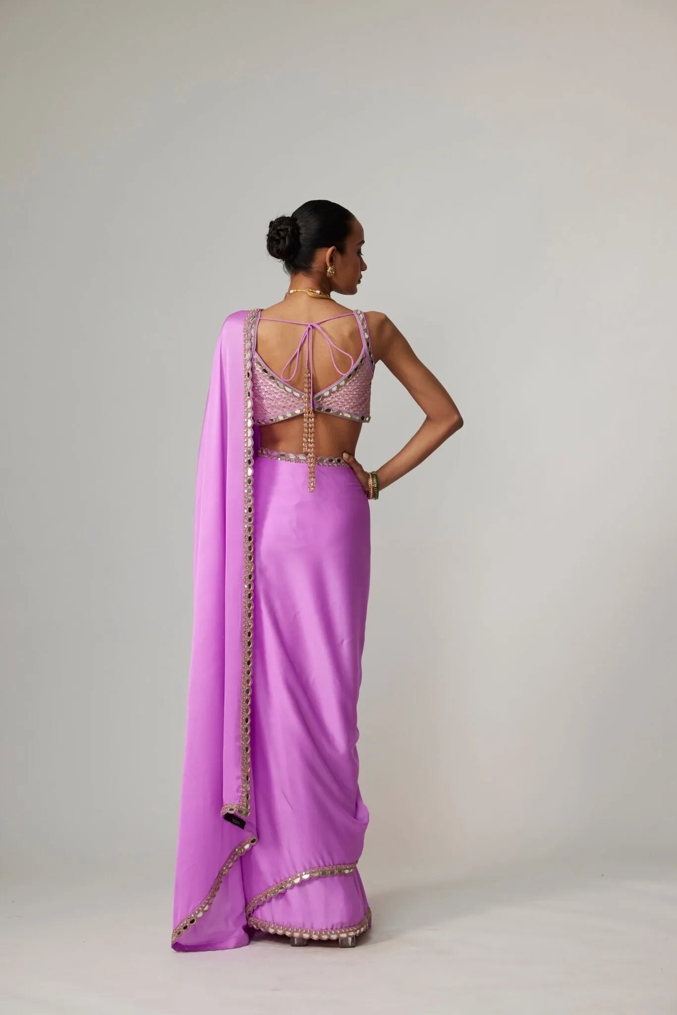 Lilac Mirror-Trim Saree with Embroidered Blouse