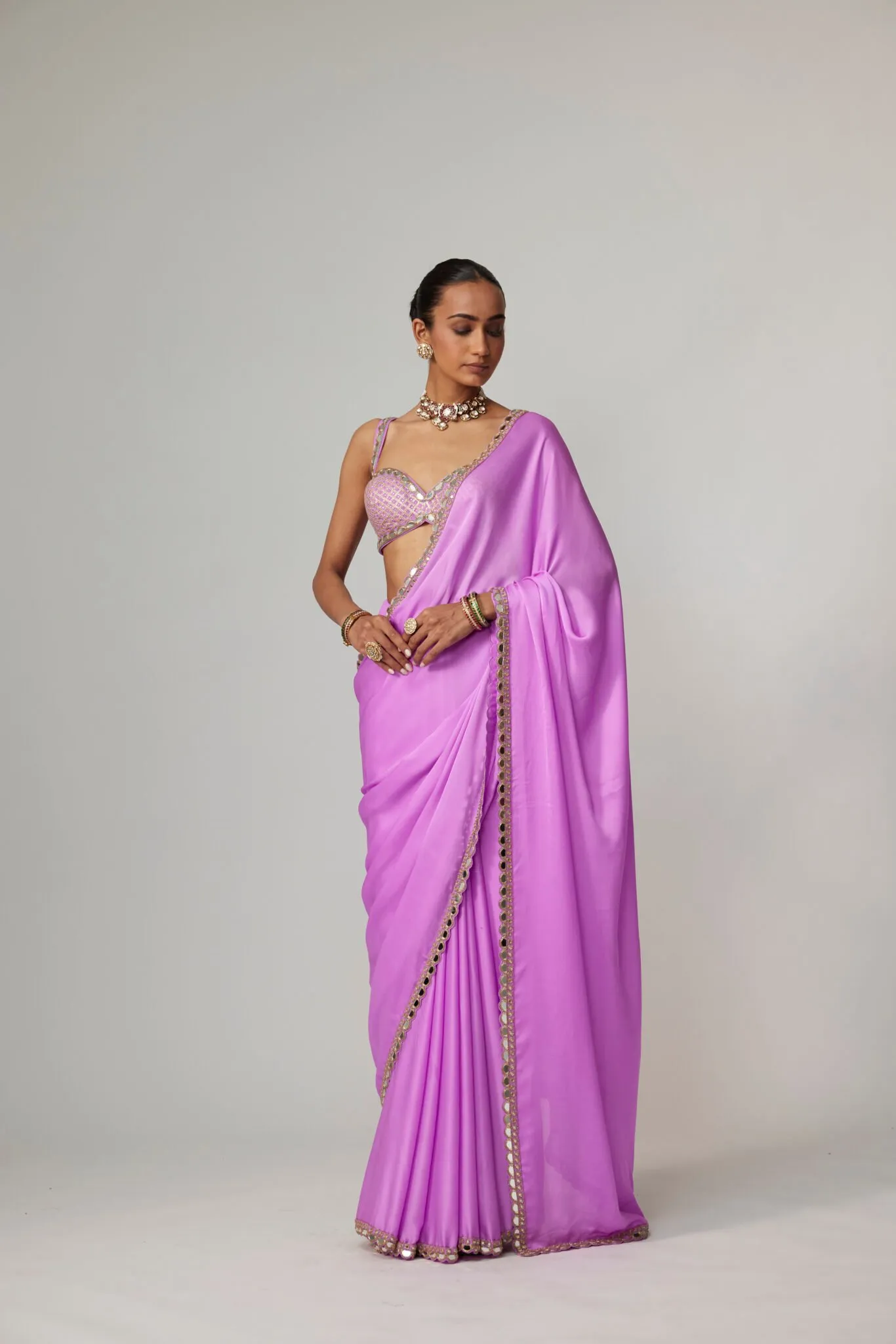 Lilac Mirror-Trim Saree with Embroidered Blouse