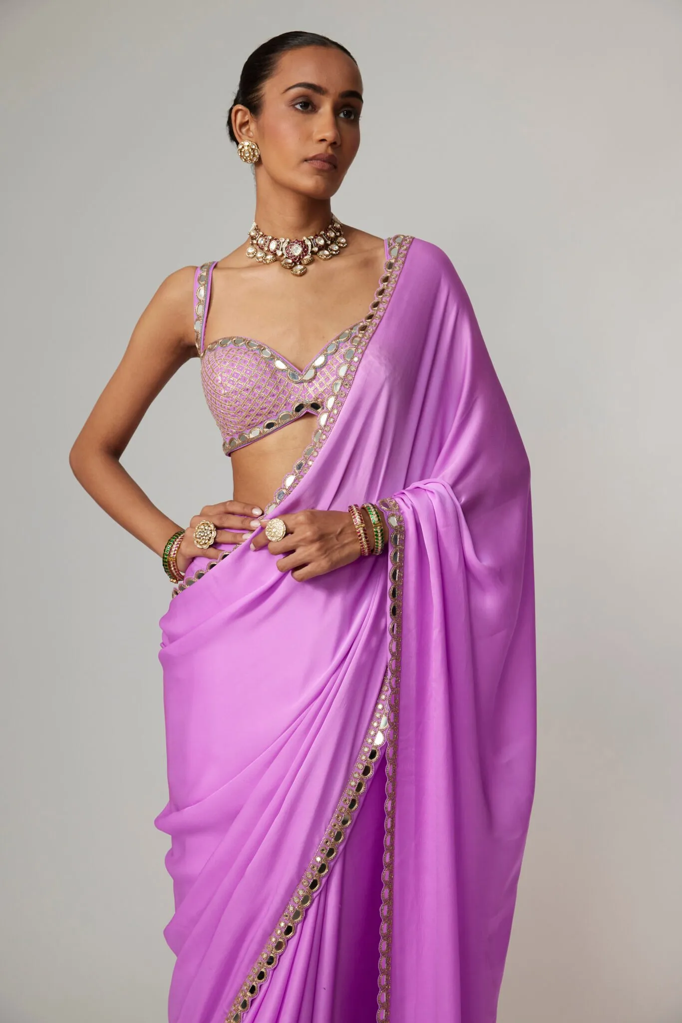 Lilac Mirror-Trim Saree with Embroidered Blouse